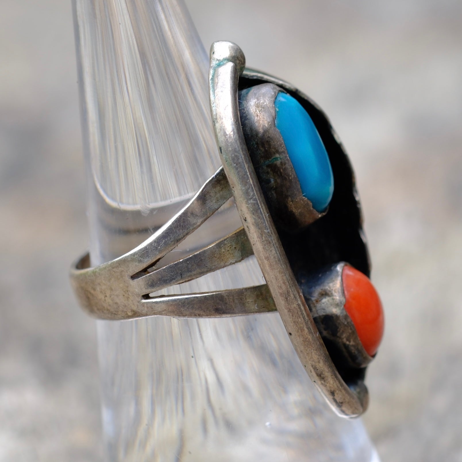 Vintage Sterling Turquoise and Coral Feather Ring 6.5