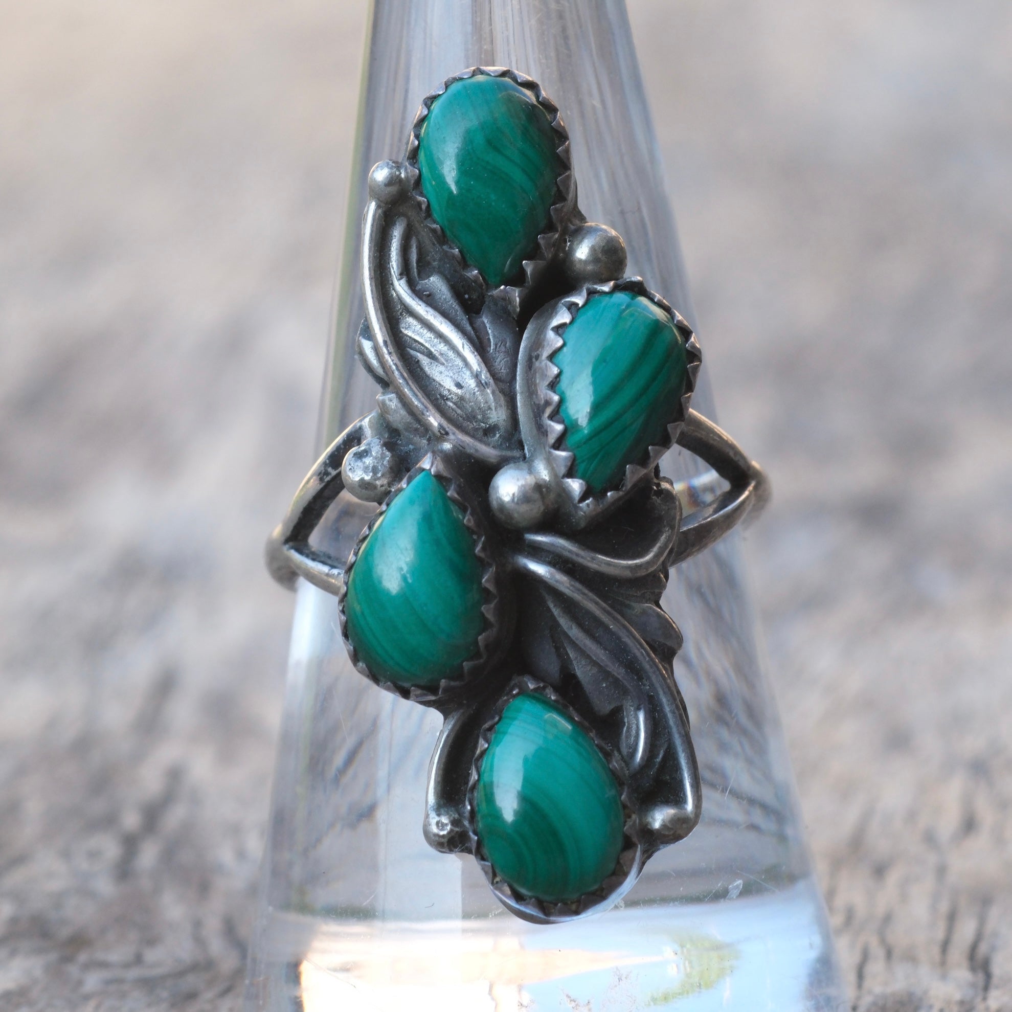 Vintage Sterling 4-Stone Malachite Ring 8.5