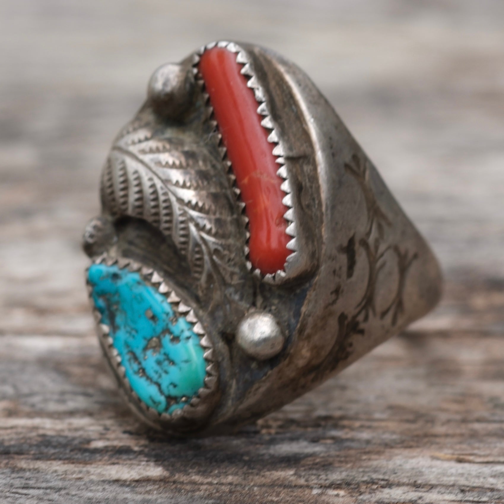 Vintage Sterling Turquoise and Coral Feather Ring 11
