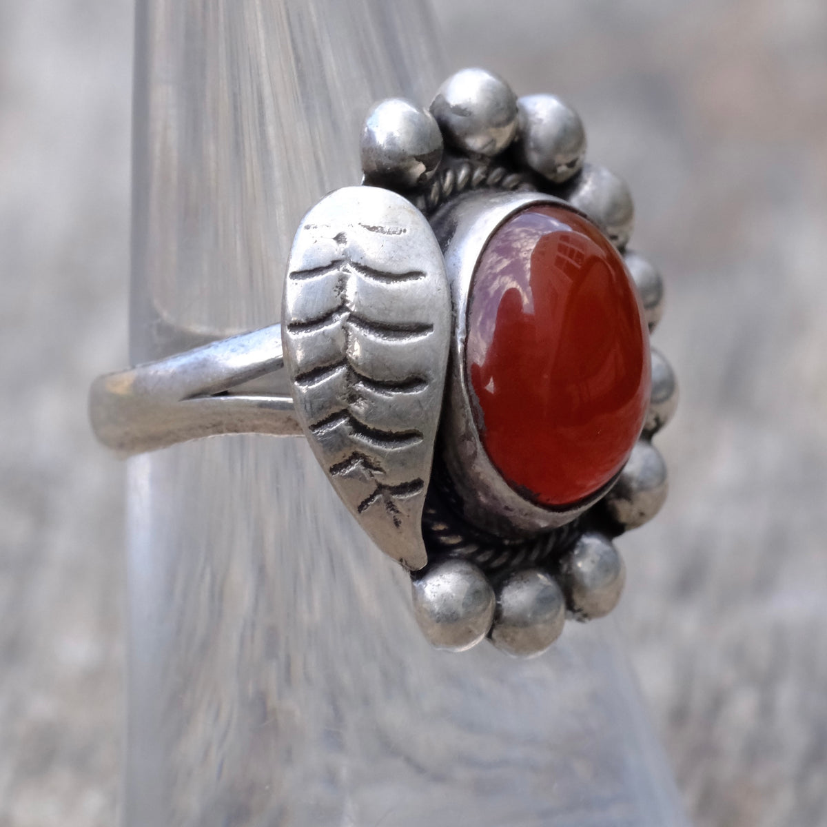 Vintage Sterling Red Glass Feather Ring 6.75