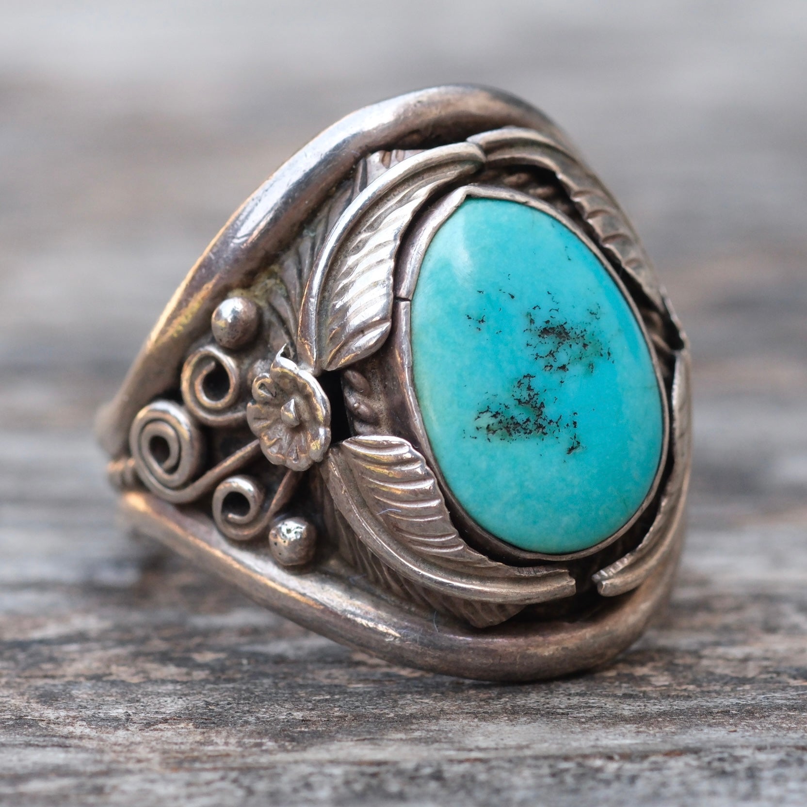 Vintage Sterling Turquoise Feather Ring 11