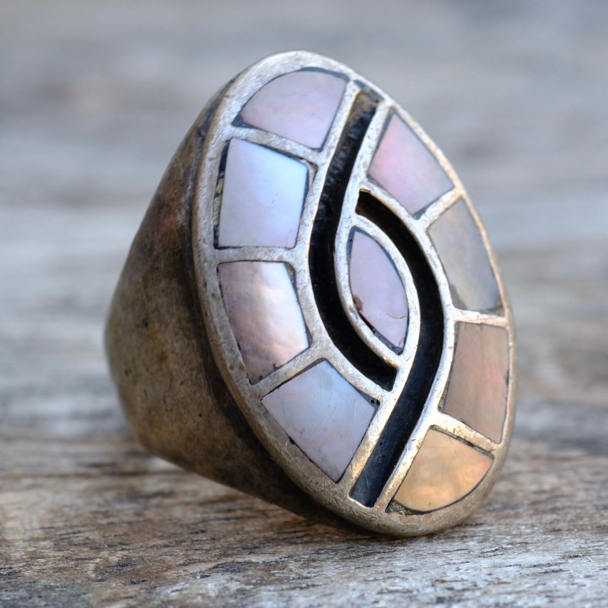 Vintage Sterling MOP and Abalone Inlay Hummingbird Ring 9