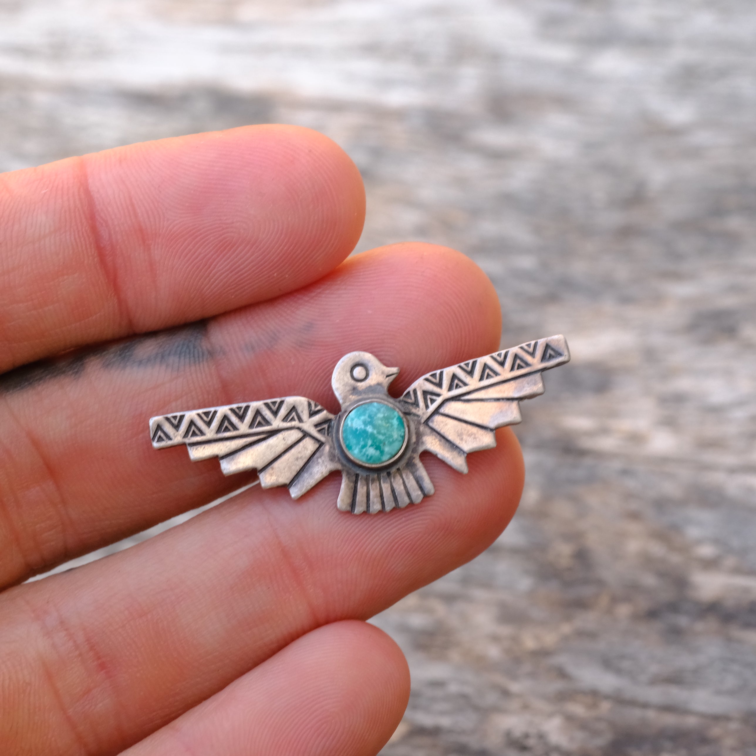 Vintage Sterling Turquoise Thunderbird Pin