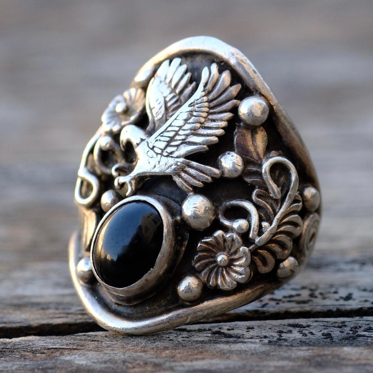 Vintage Sterling Onyx Eagle Ring 8.75