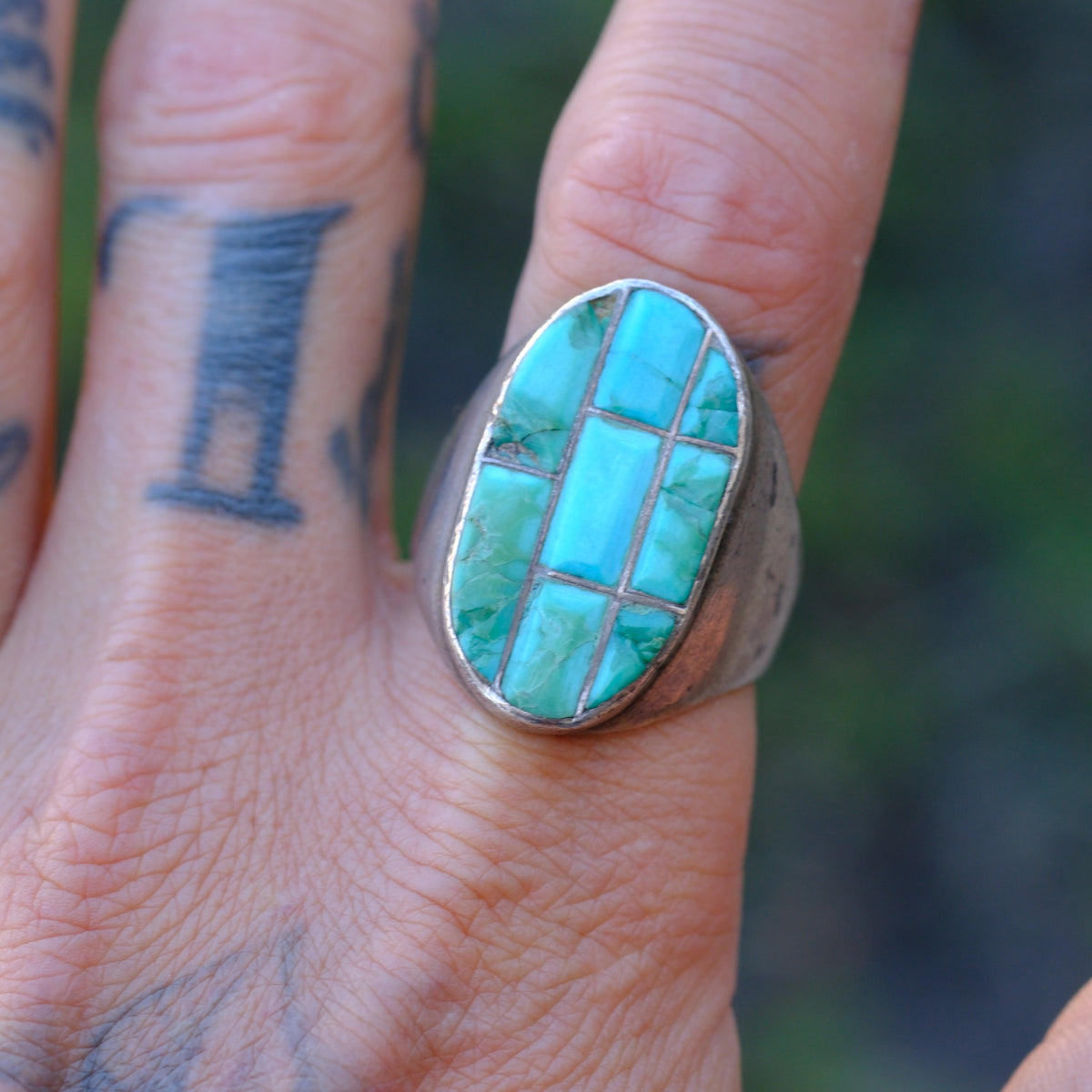 Vintage Sterling Turquoise Inlay Ring 11.5