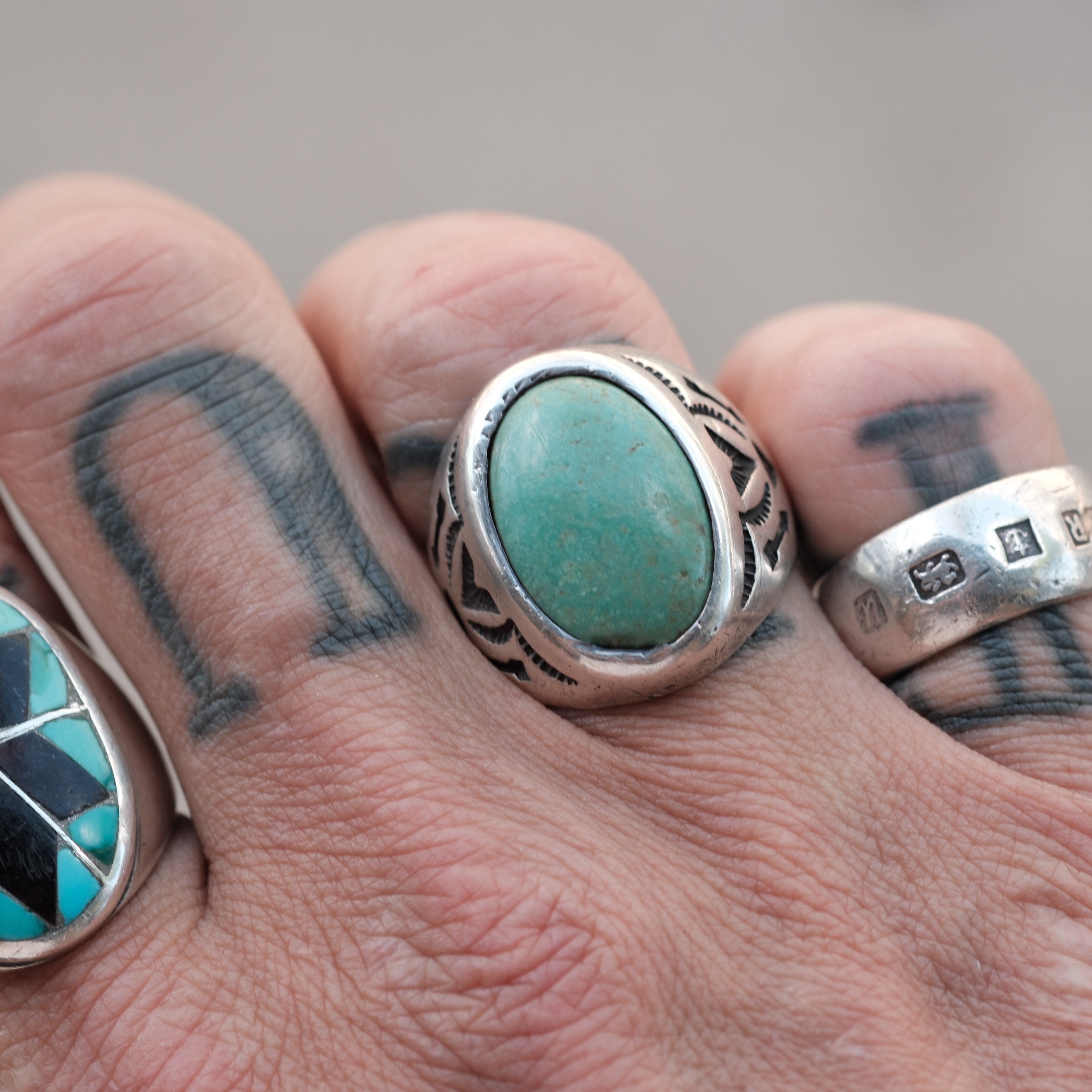 Vintage Sterling Turquoise Stamped V Trading Post Ring 9