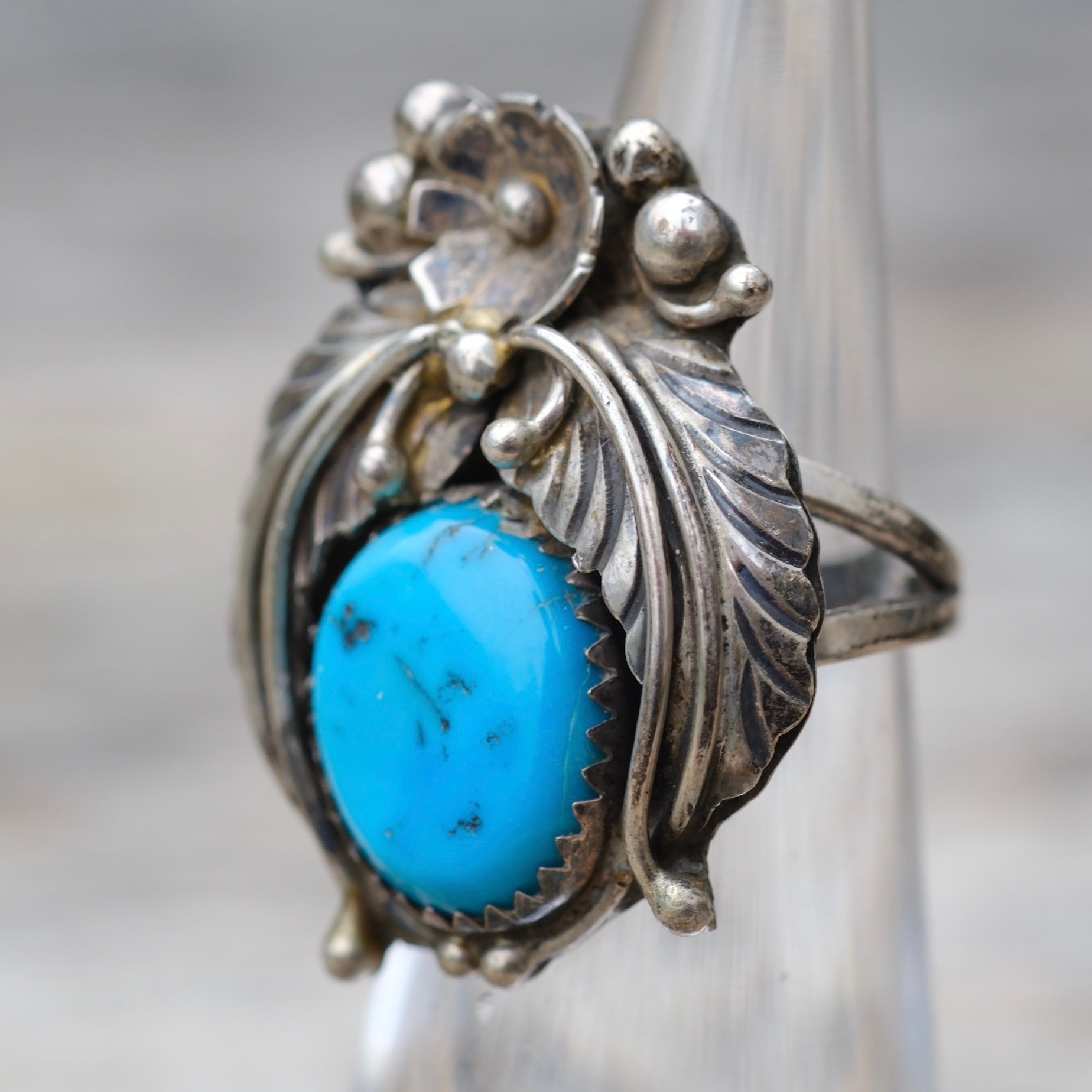 Vintage Sterling Turquoise Feather Ring 6.25