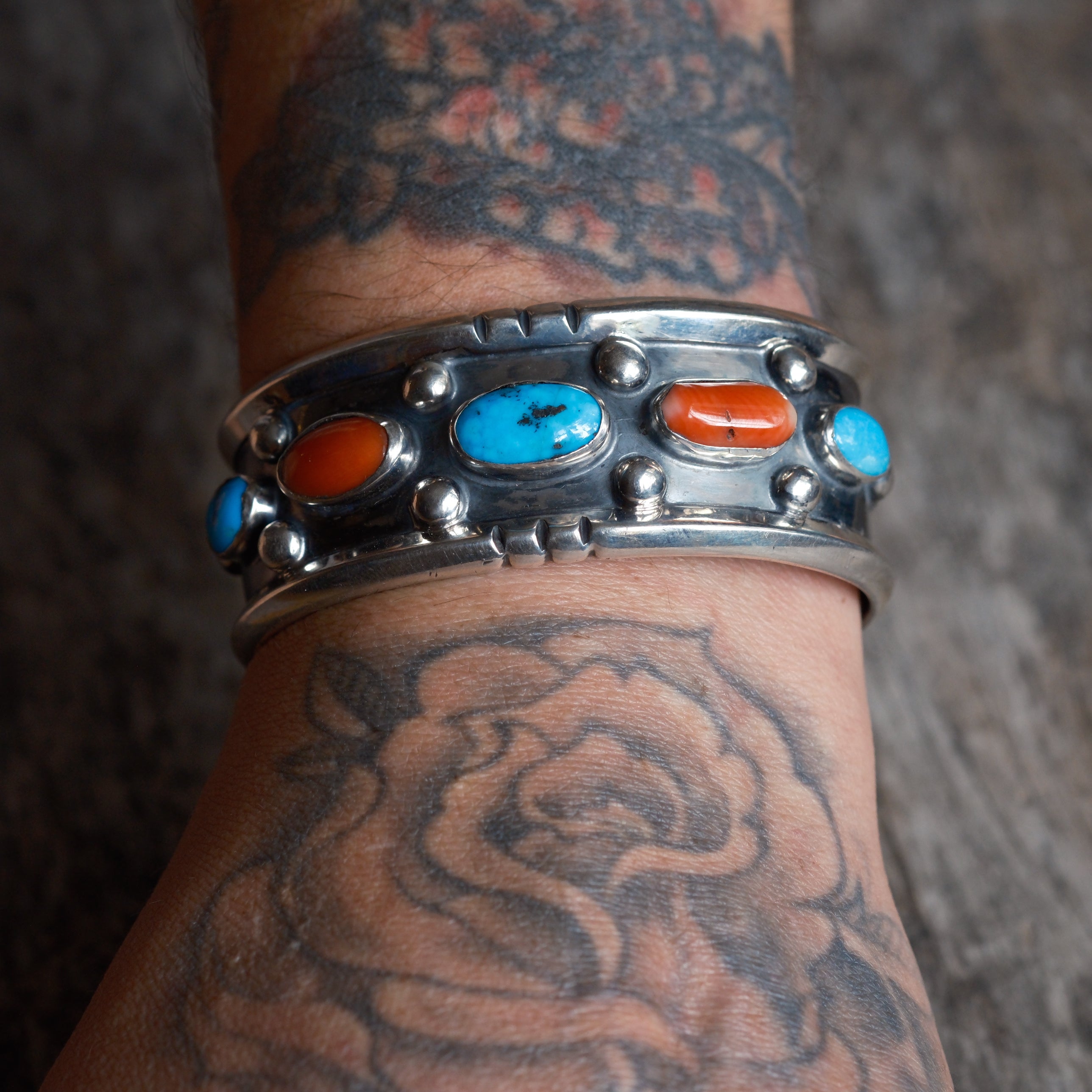 Vintage Sterling Turquoise and Coral Cuff Bracelet