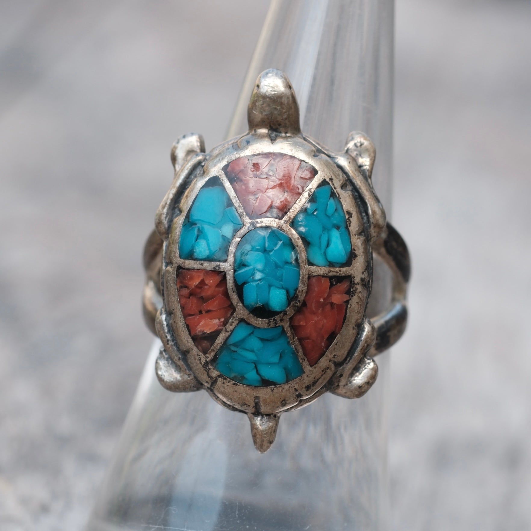 Vintage Sterling Turquoise and Coral Turtle Ring 7.5
