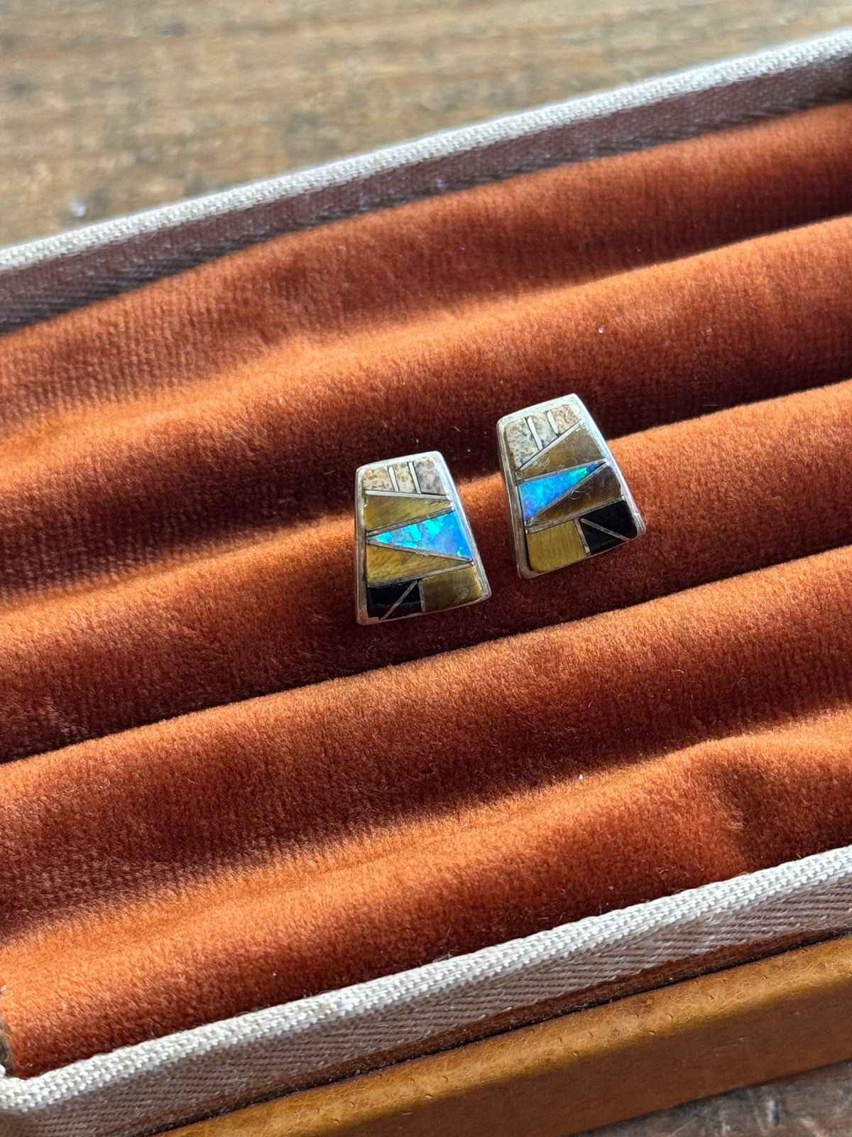 Vintage Sterling Silver Multistone Inlay Earrings