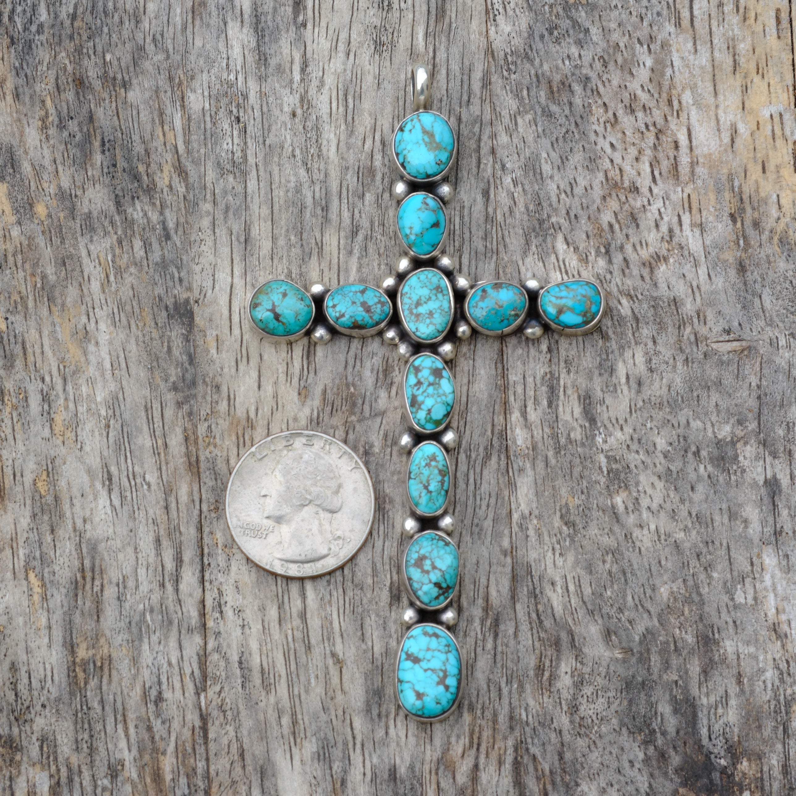 HUGE Vintage Sterling Turquoise Cluster Cross Pendant