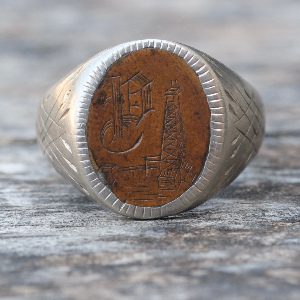 Vintage Sterling and Copper Engraved P Initial Signet Ring 8.75