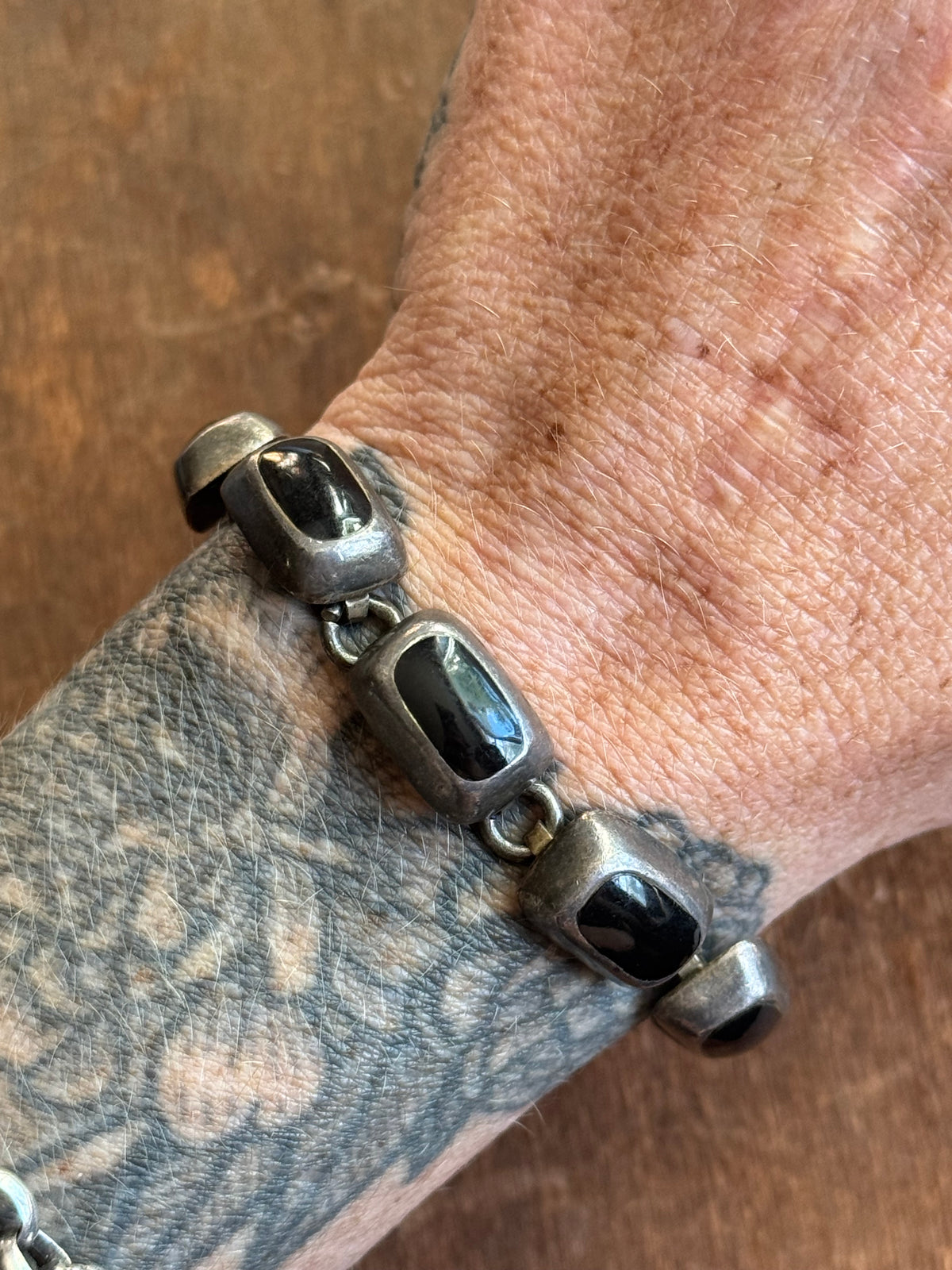 Vintage Sterling Silver 7” Onyx Inlay Chunk Square Link Bracelet