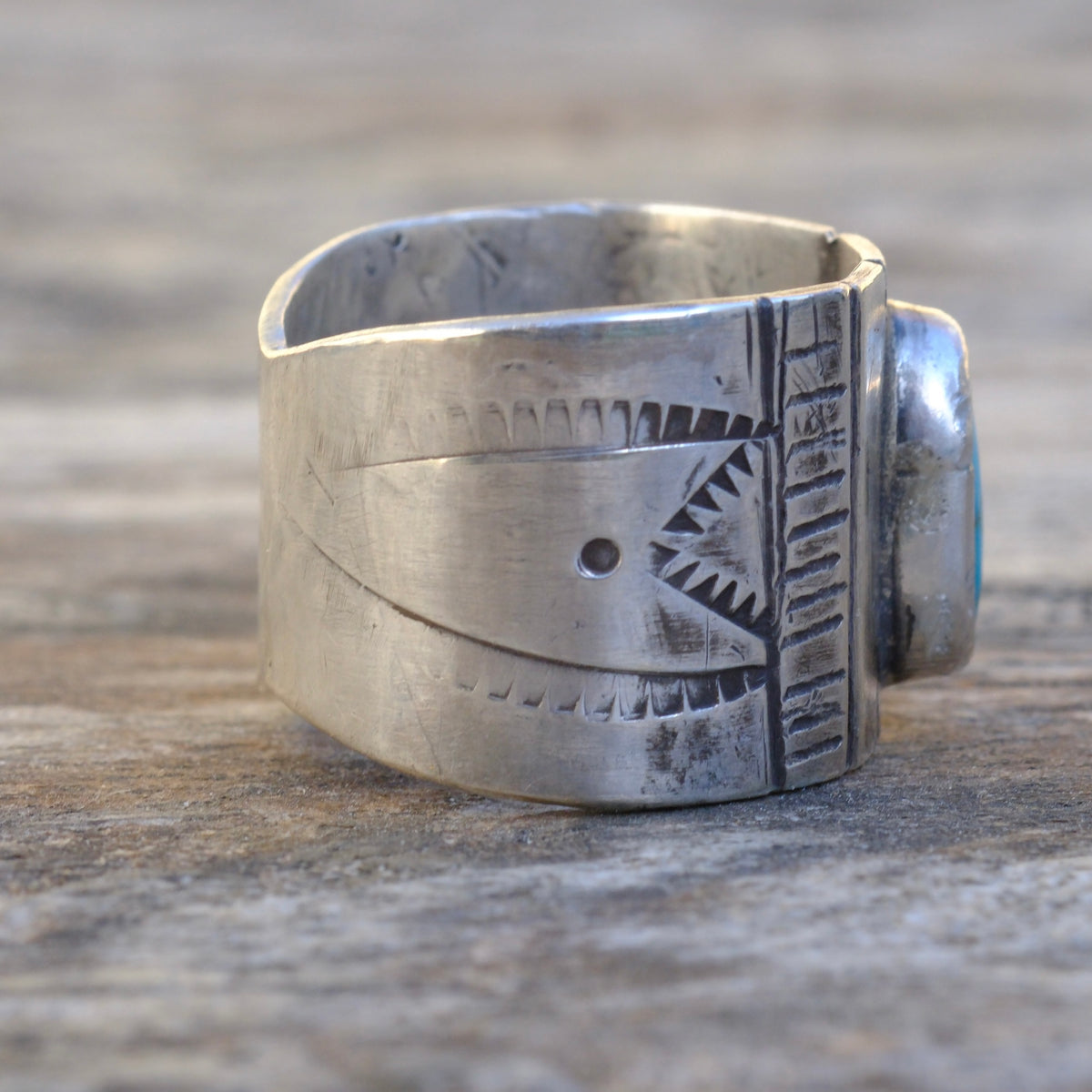 Sterling Silver Pilot Mountain Turquoise Stamped Ring 8.25