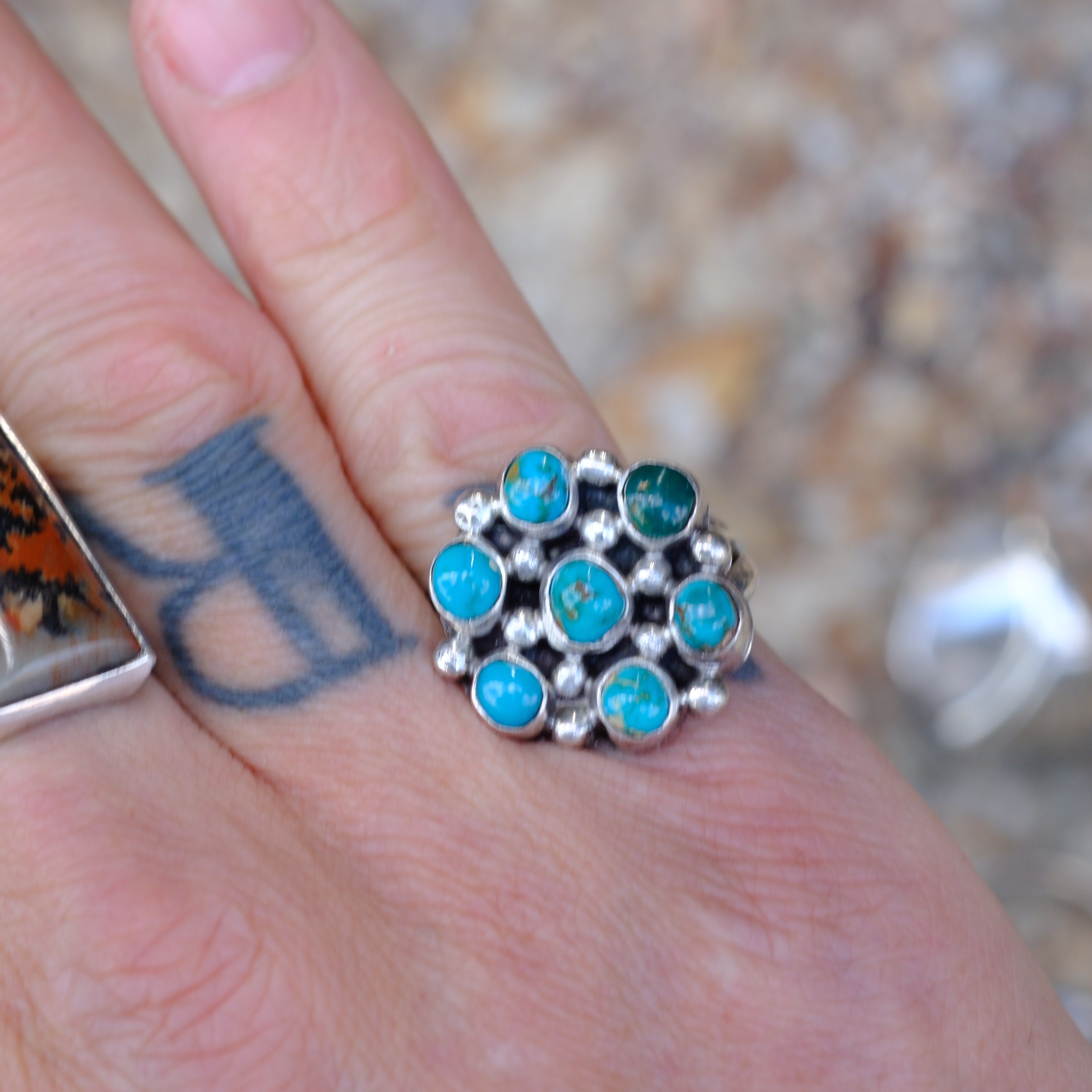 Vintage Sterling Turquoise Cluster Ring 7.25