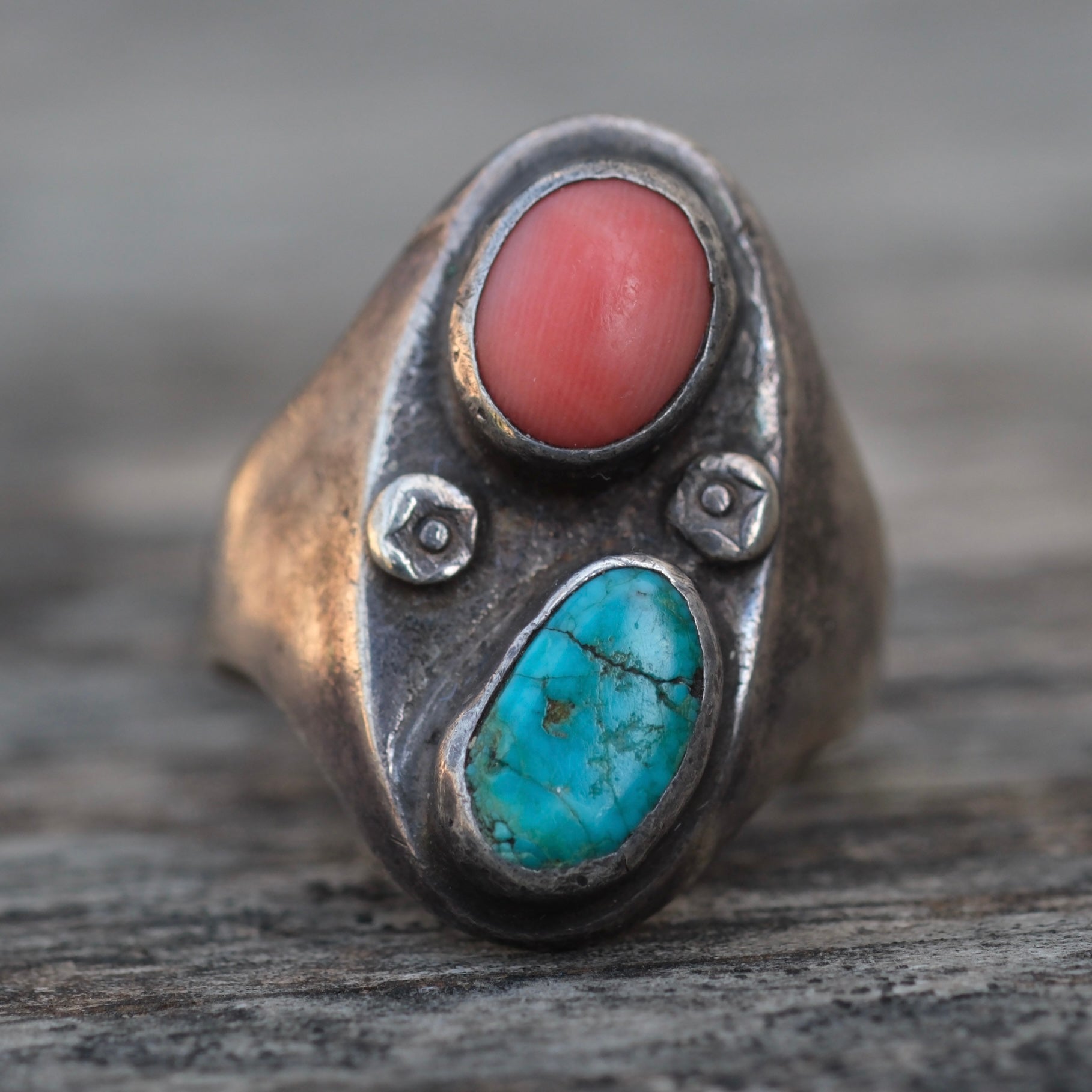 Vintage Sterling Turquoise and Coral Ring 9.5