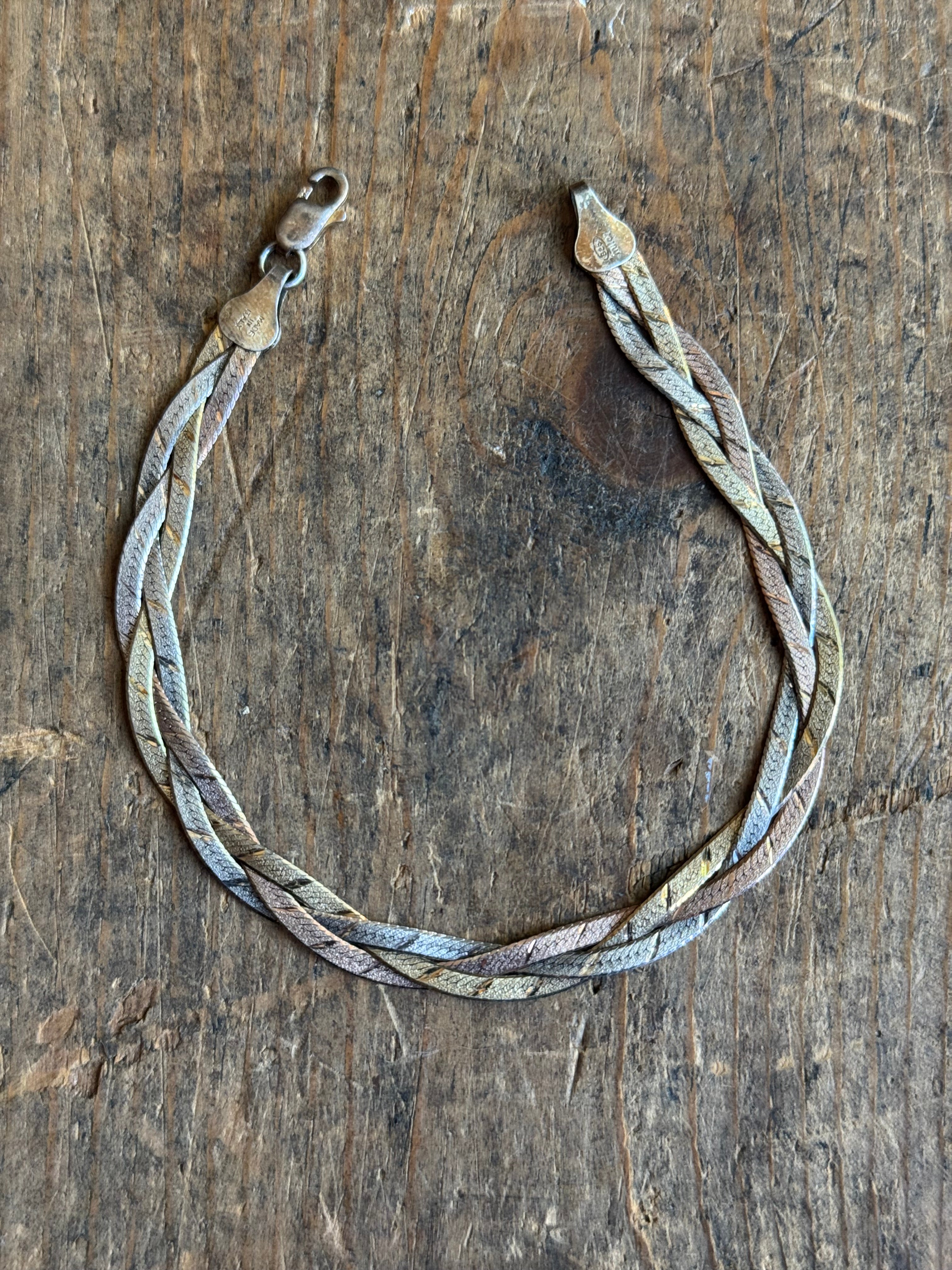 Vintage Sterling Silver Mixed-Tone Braided Herringbone Chain Bracelet 7.5"