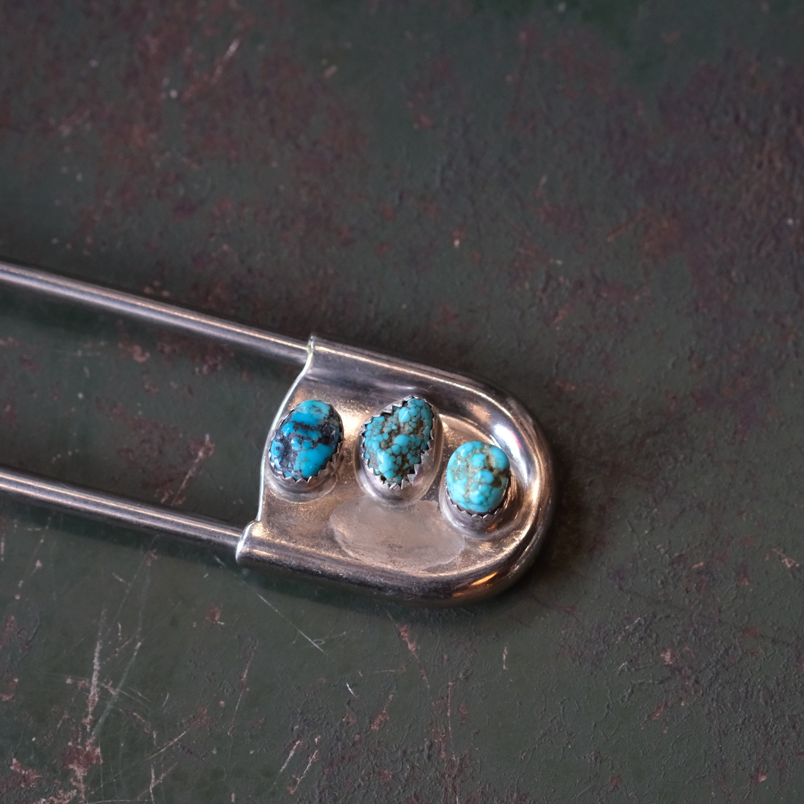 Vintage 3-Stone Turquoise Safety Pin Keychain 4"