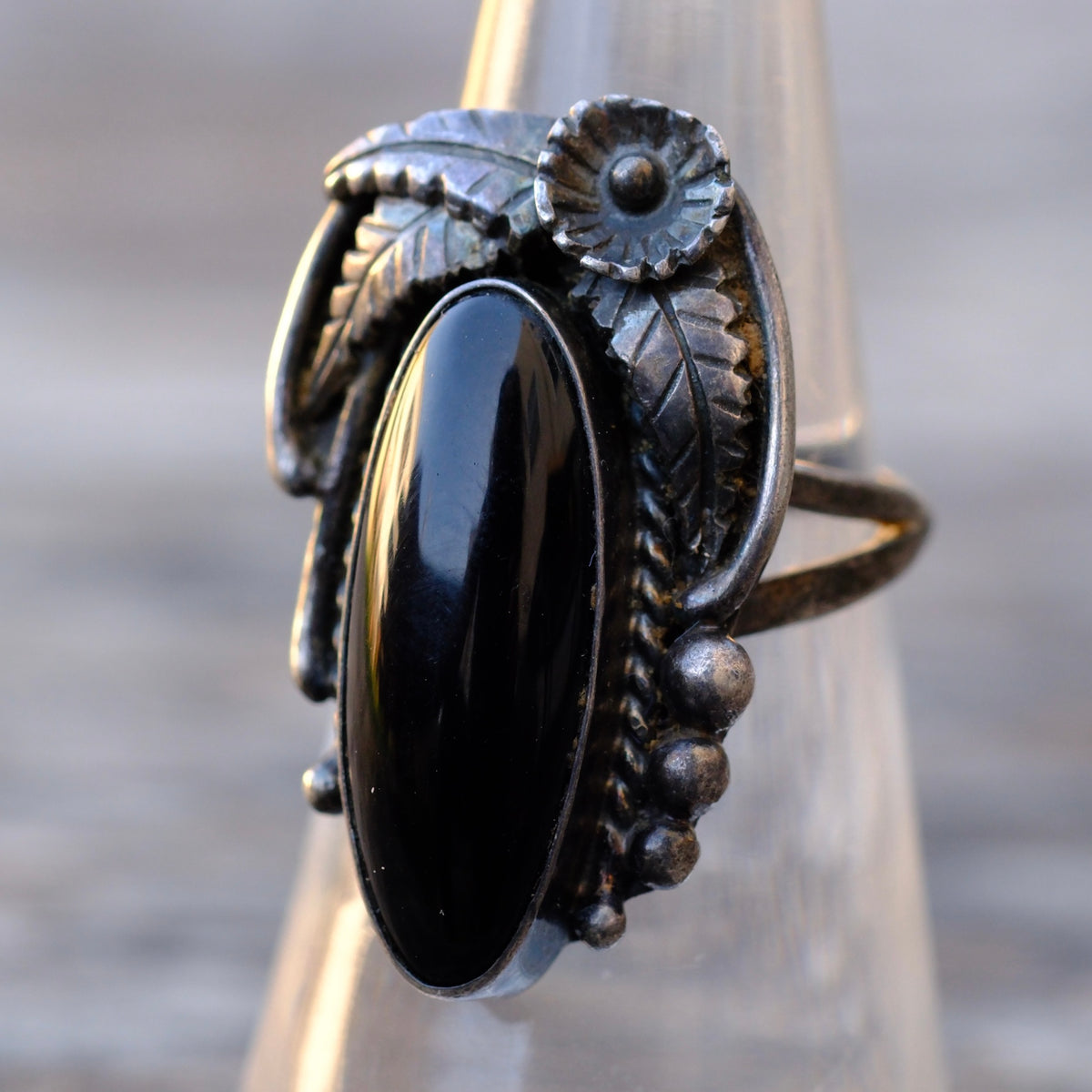 Vintage Sterling Onyx Feather Ring 6.5