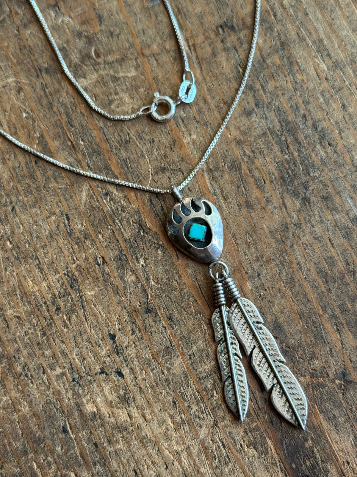Vintage Sterling Silver Turquoise Feather Shadowbox Necklace