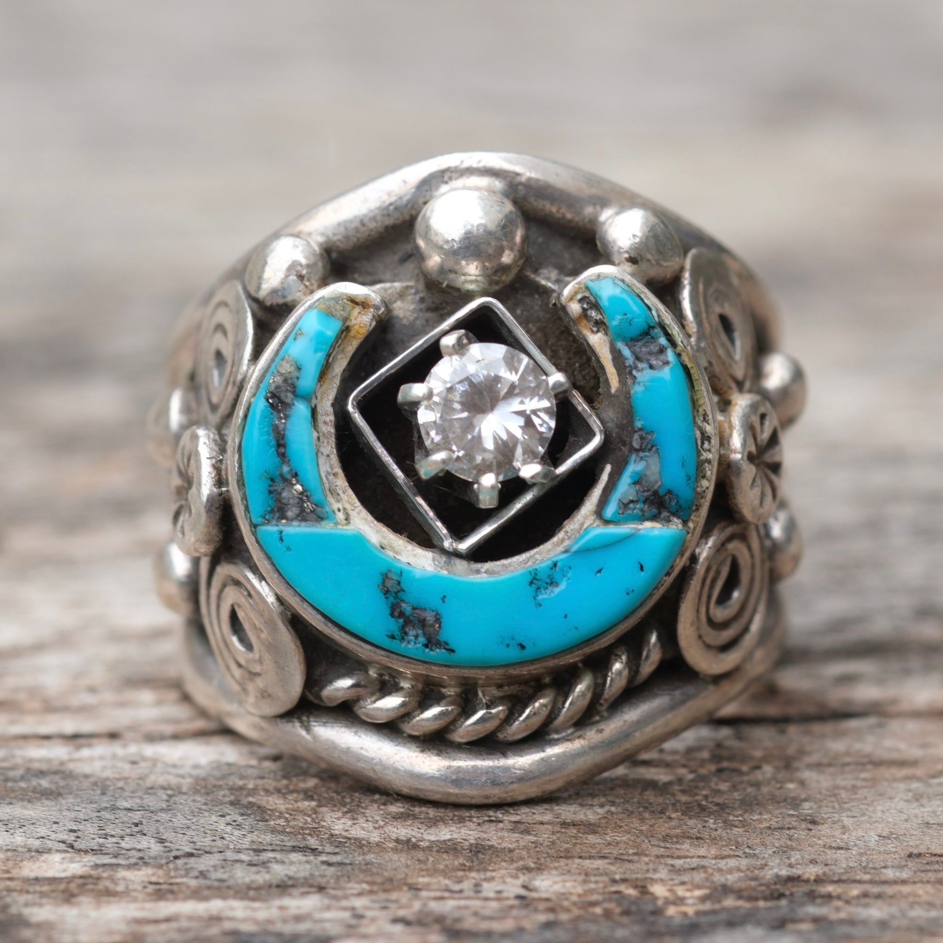 Vintage Sterling Lucky Horseshoe Turquoise Cz Ring 8.75