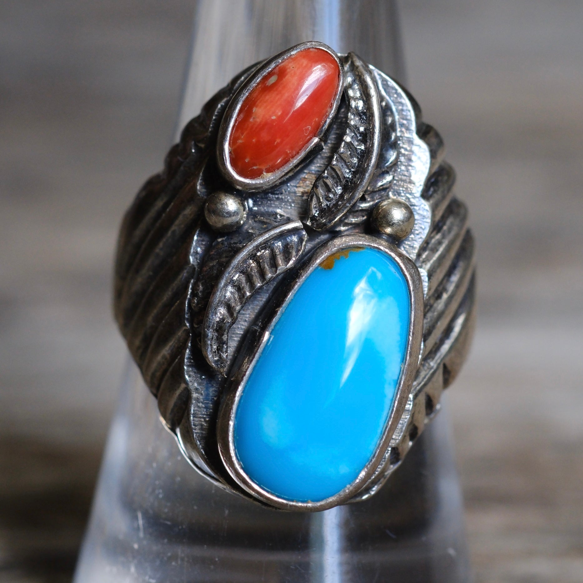 Vintage Sterling Turquoise and Coral Feather Ring 9