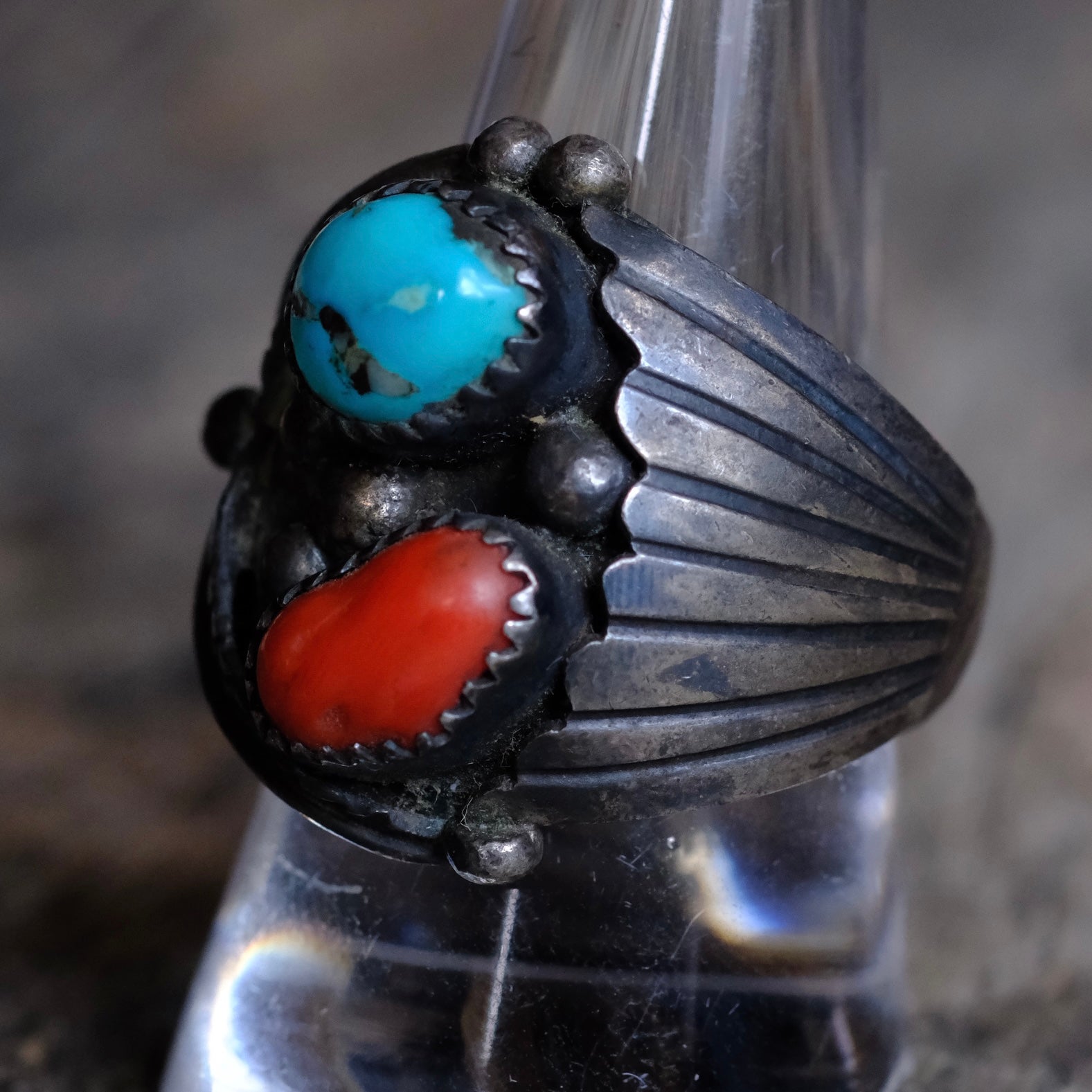 Vintage Sterling Turquoise and Coral Feather Ring 10