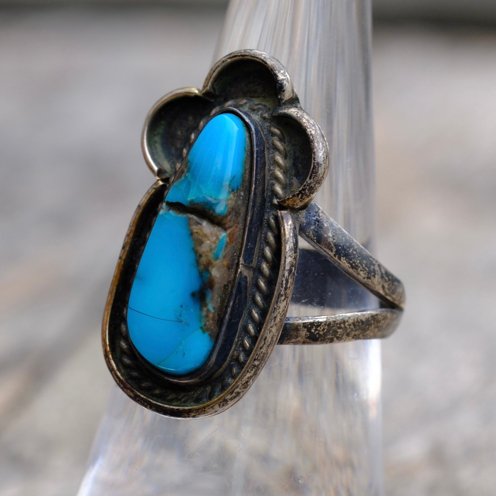 Vintage Sterling Turquoise Florette Ring 7.25