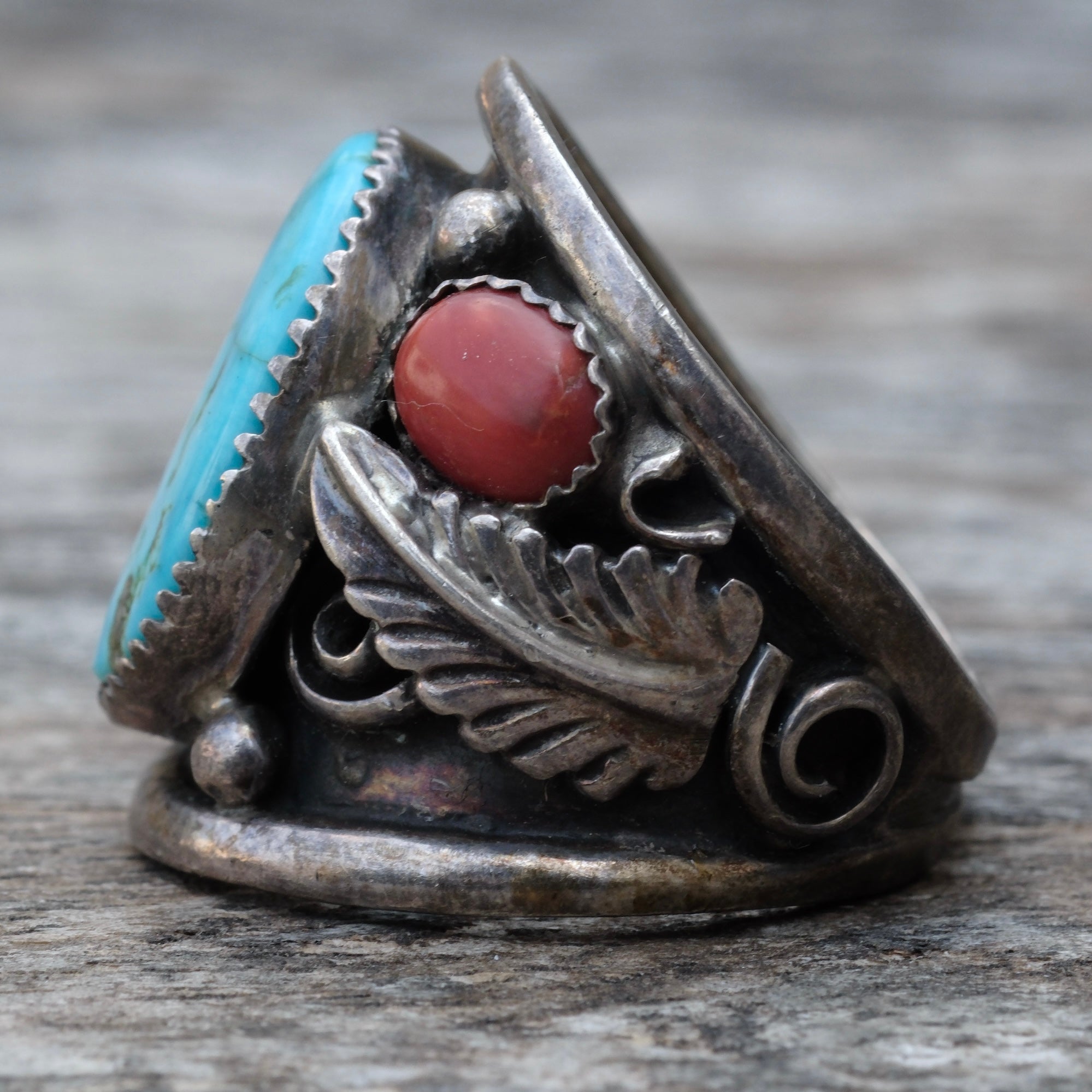 Vintage Sterling Turquoise and Coral Feather Ring 11
