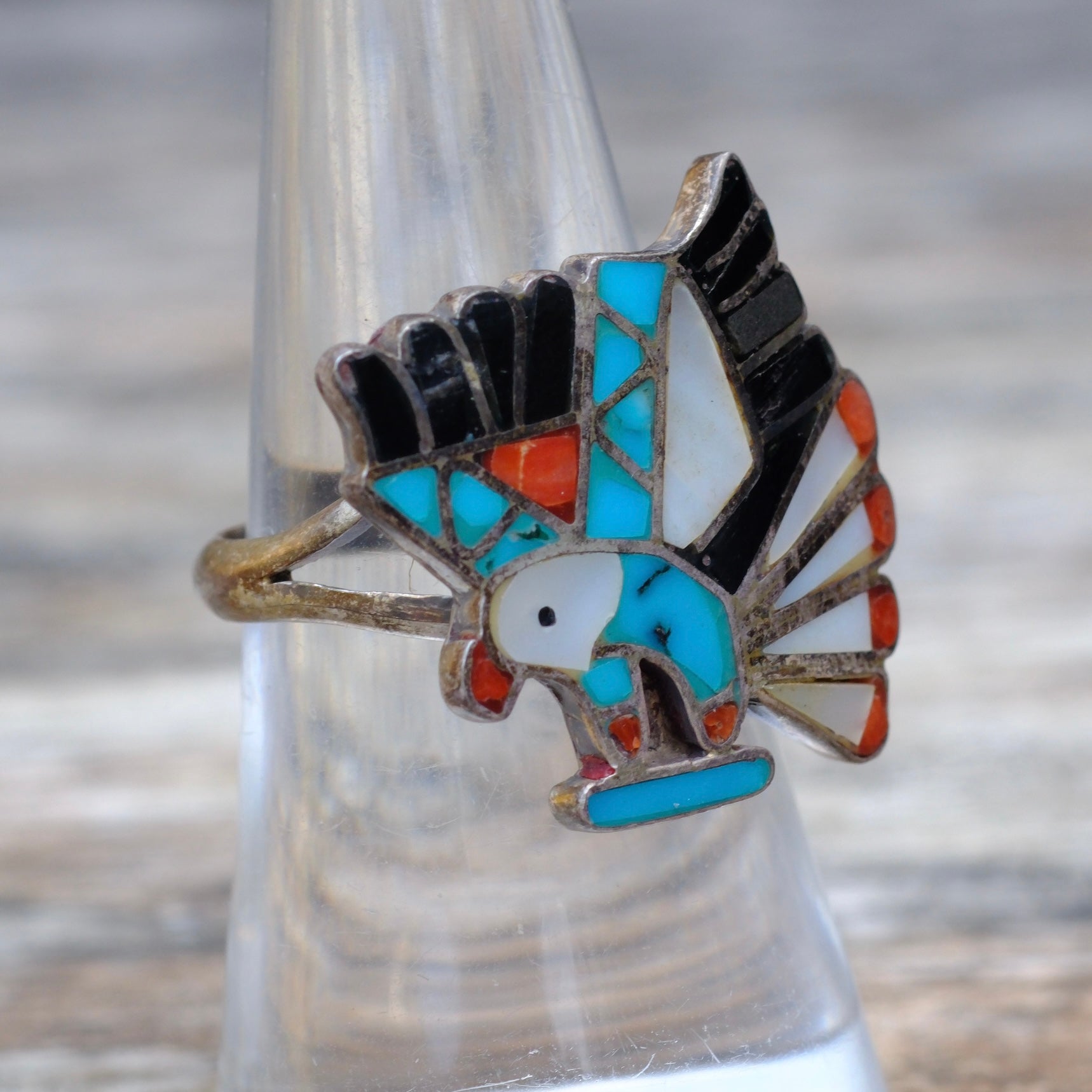 Vintage Sterling Multistone Inlay Eagle Ring 6.75