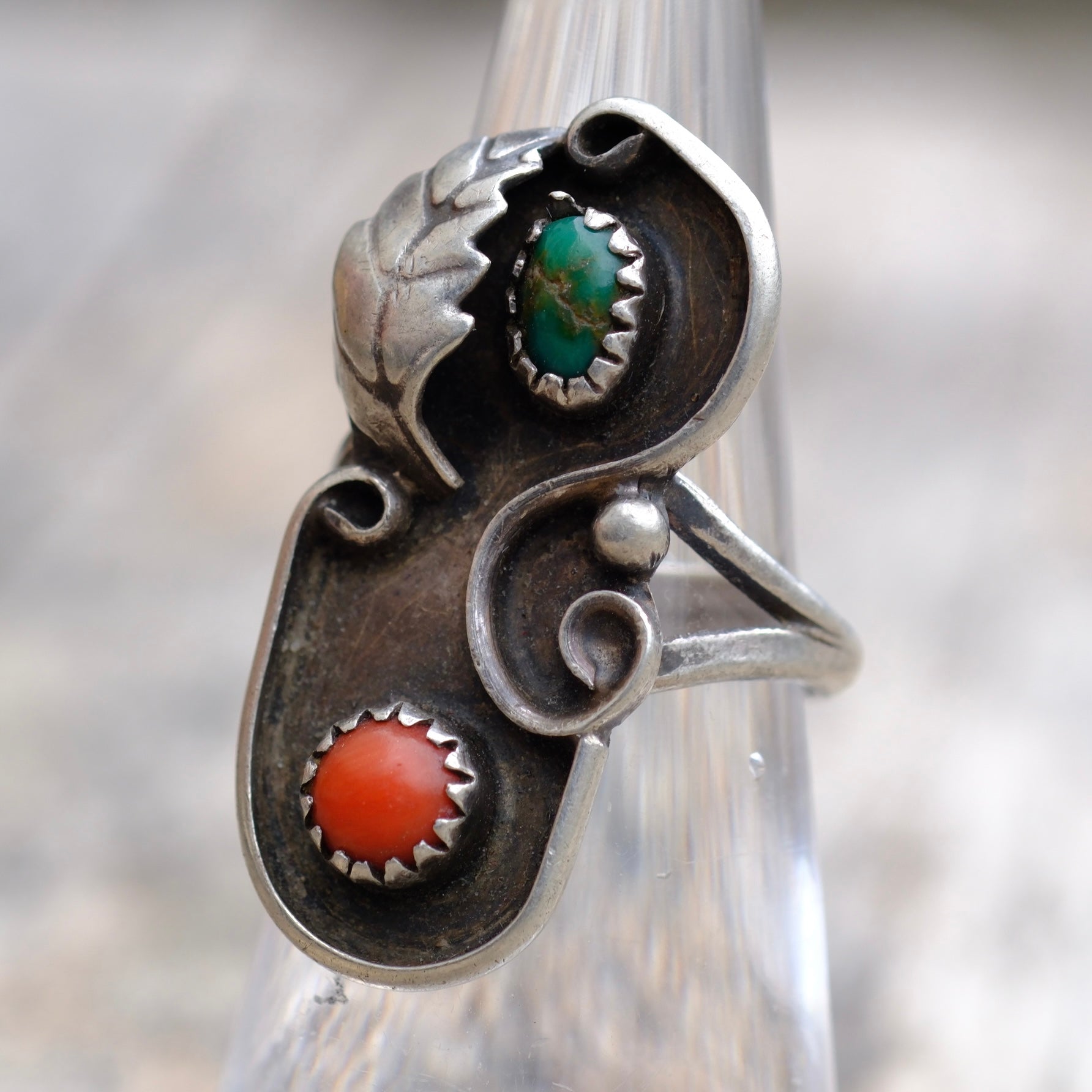 Vintage Sterling Turquoise and Coral Feather Ring 5.25