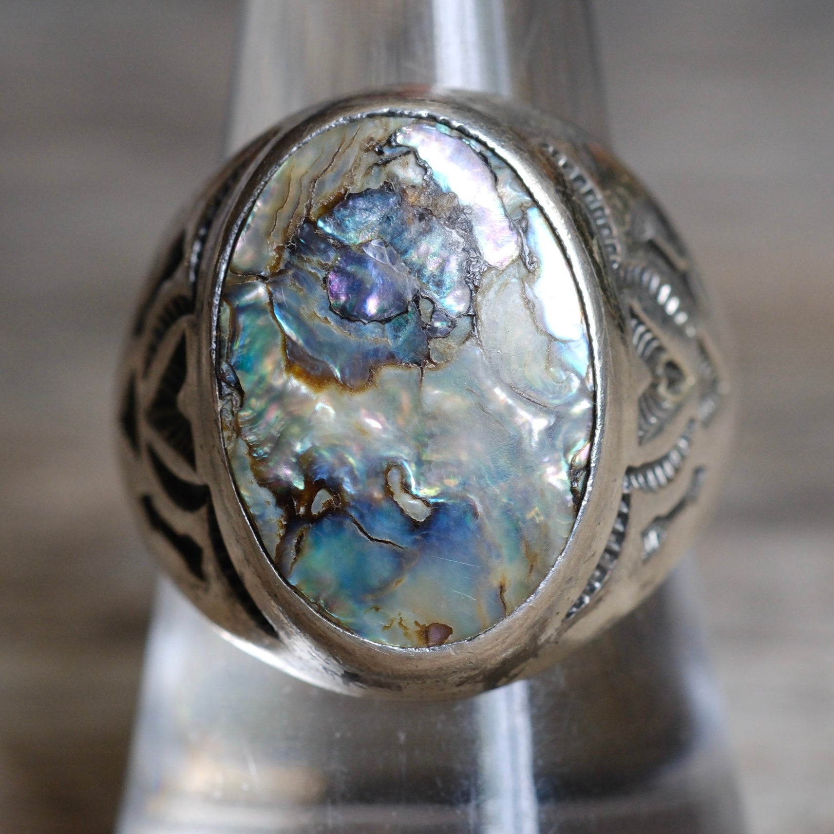 Vintage Sterling Abalone Stamped V Trading Post Ring 10