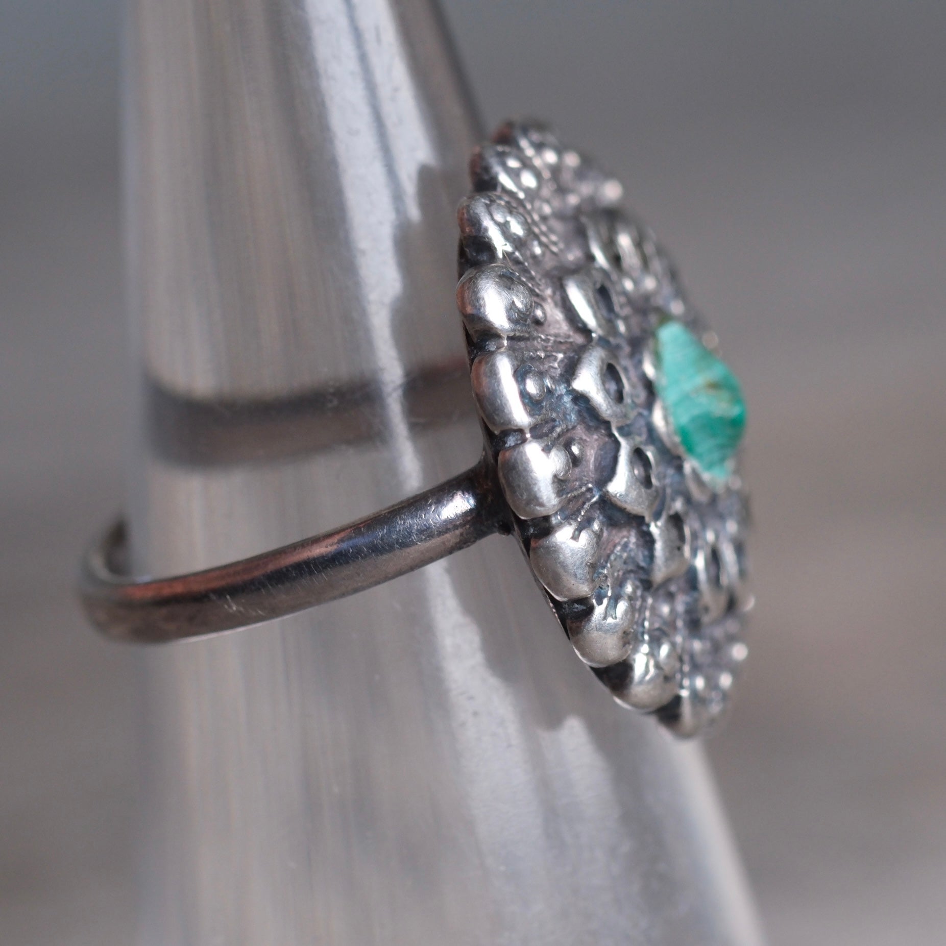 Vintage Sterling Turquoise Floral Ring 4.25
