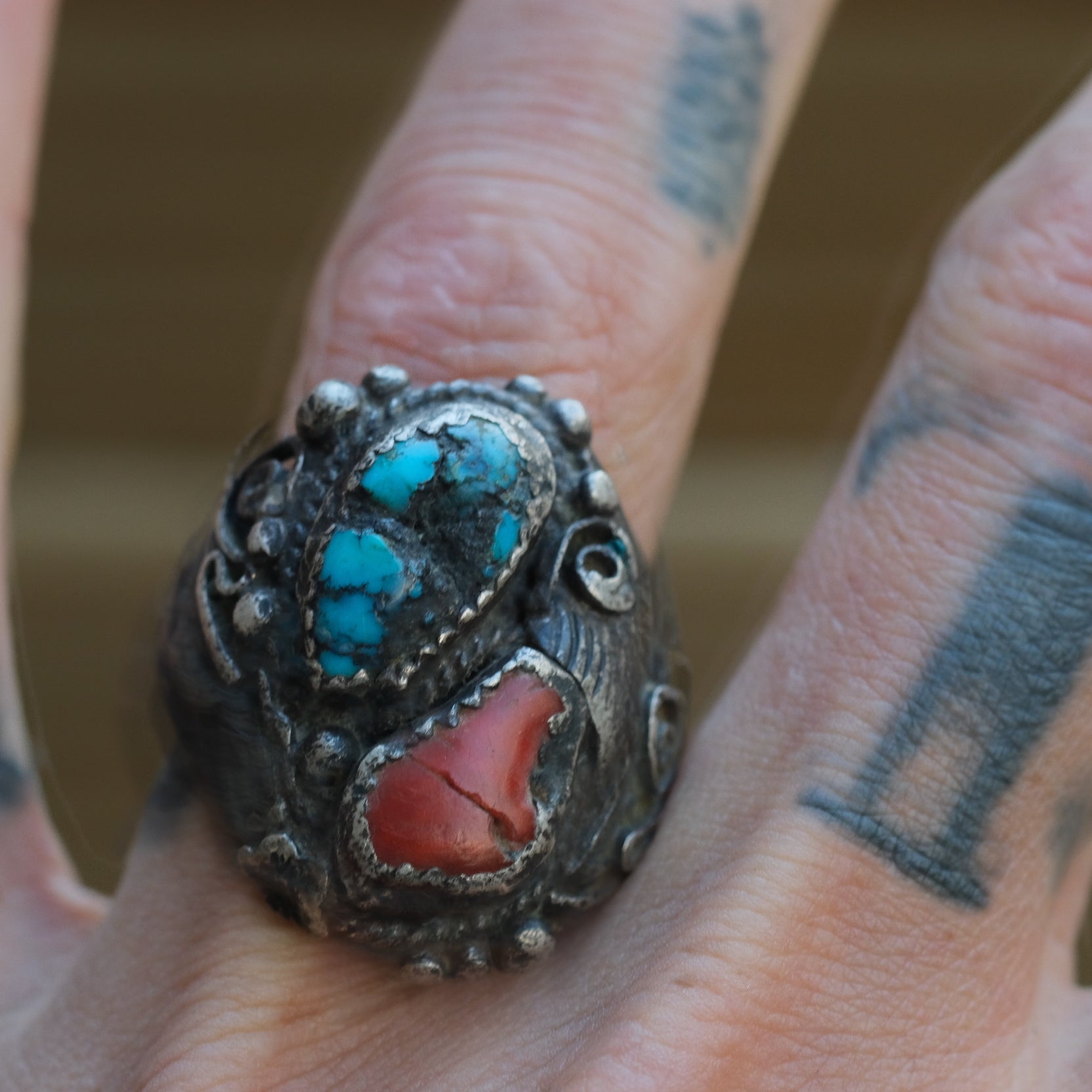 Vintage Sterling Turquoise and Coral Feather Ring 9.75