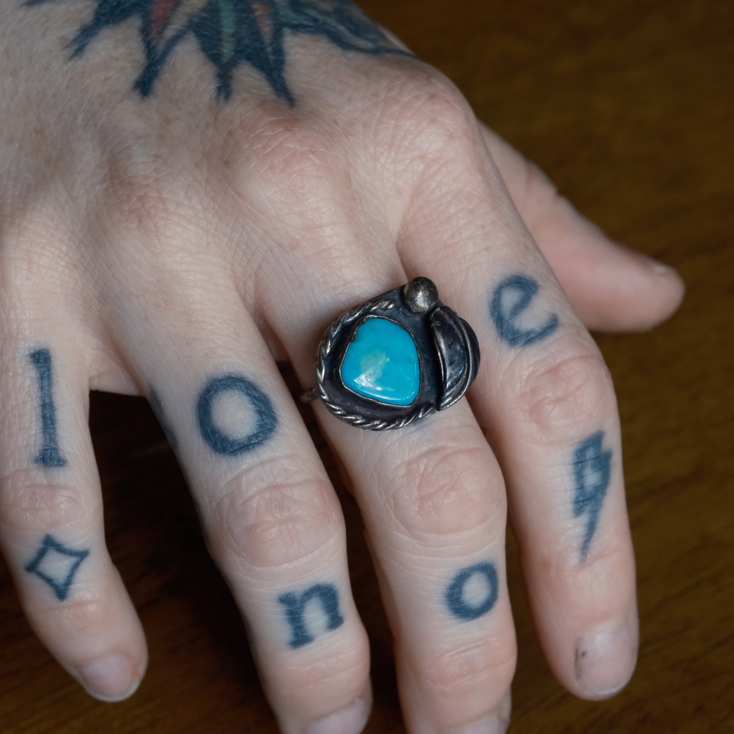 Vintage Sterling Turquoise Feather Ring 7.75