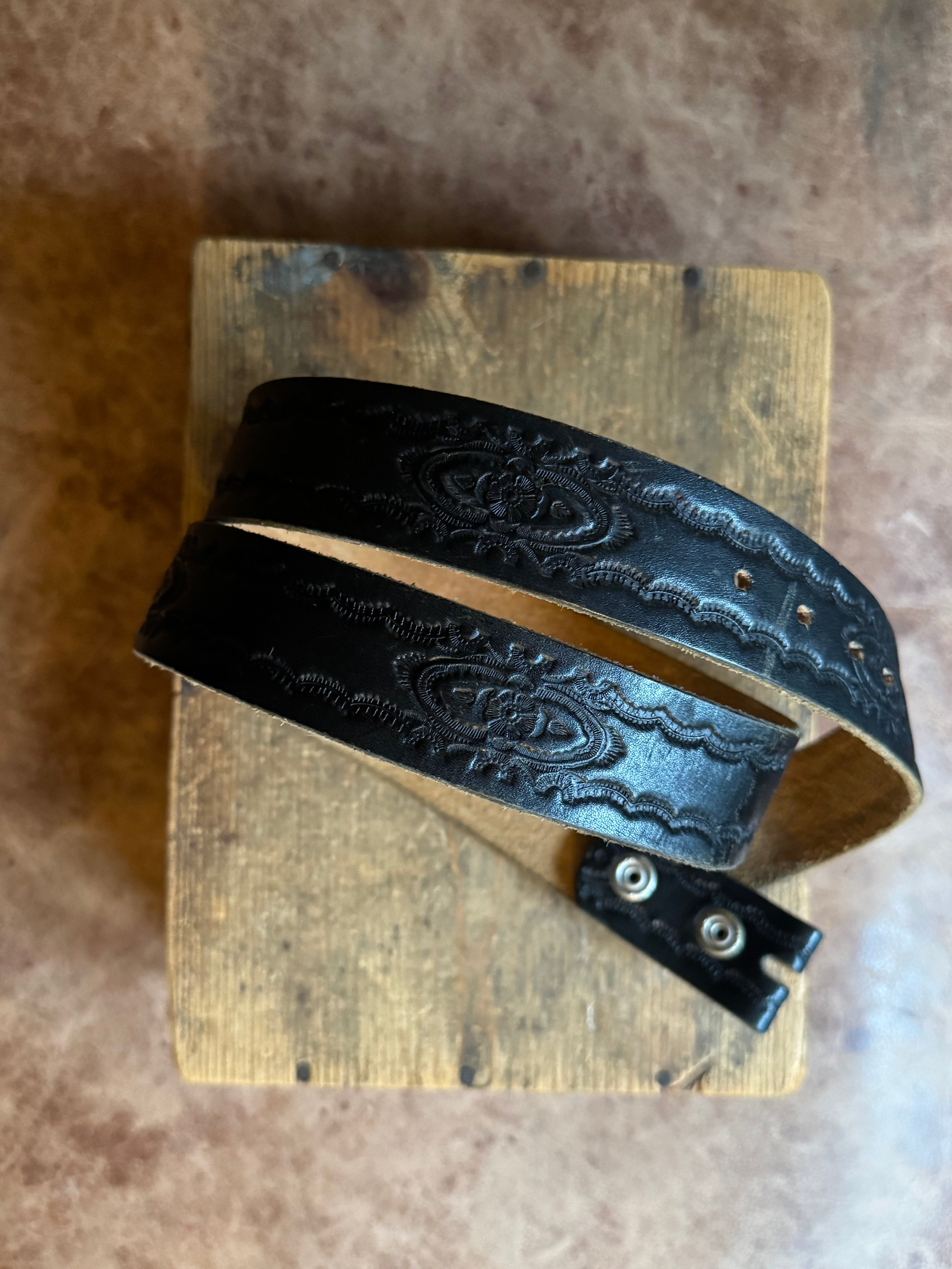 Vintage Hand Tooled Black Leather Belt
