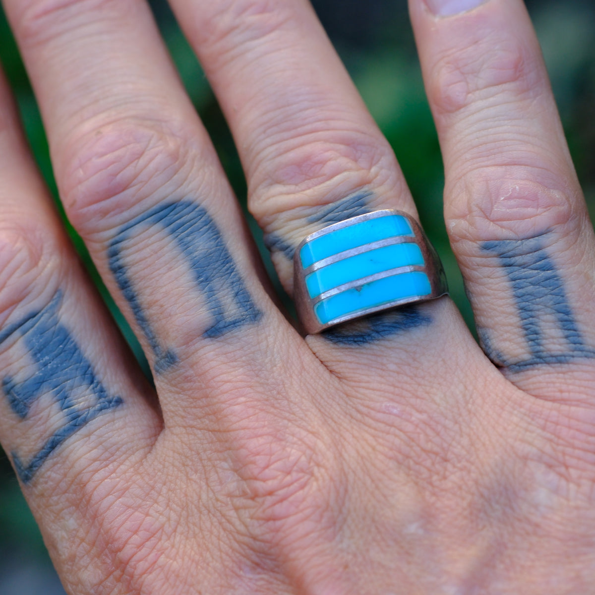 Vintage Sterling Turquoise Inlay Ring 8.75