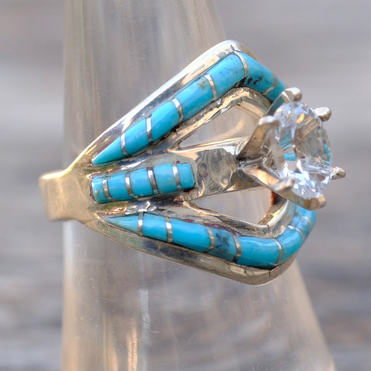 Vintage Sterling Turquoise Inlay CZ Ring 8