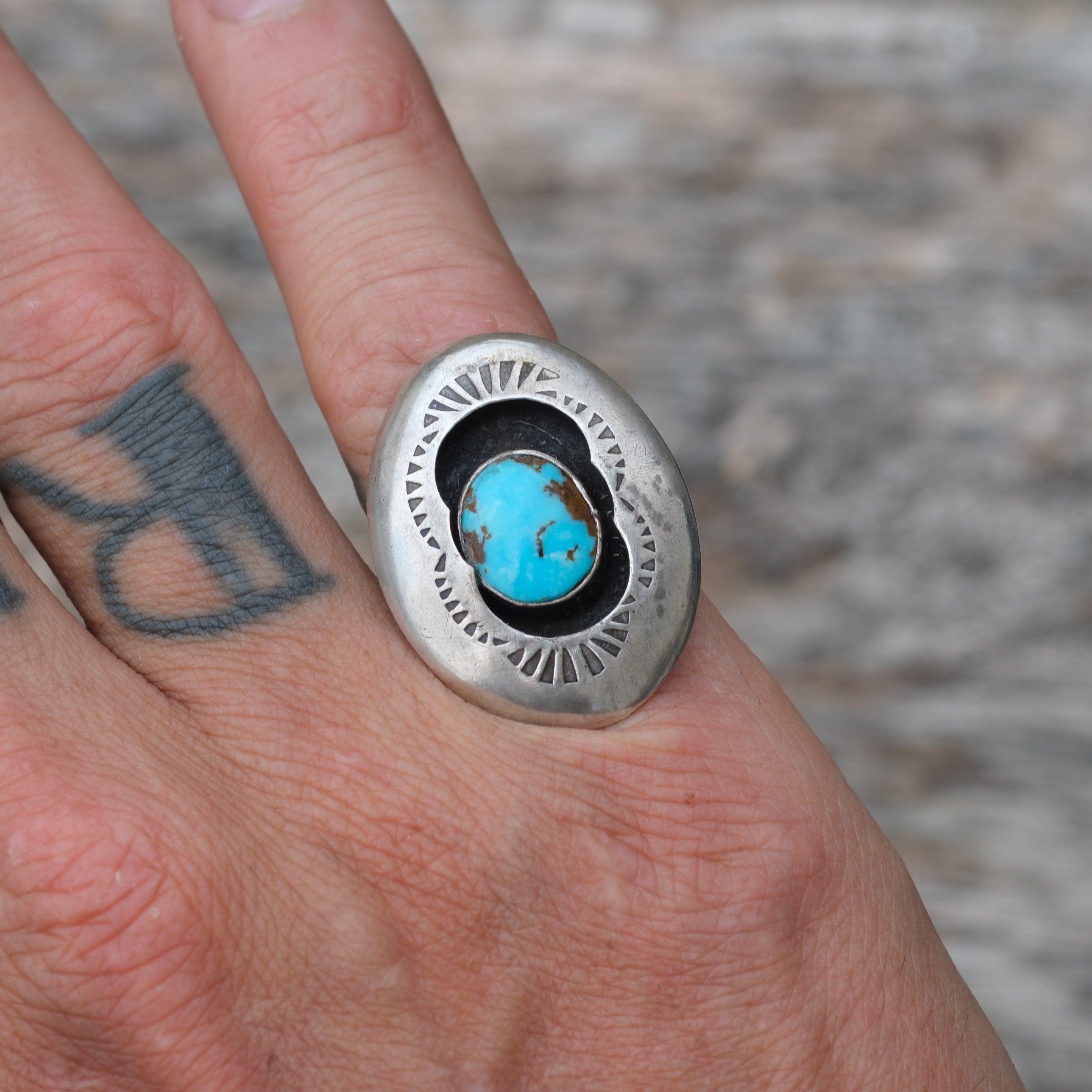 Vintage Sterling Turquoise Shadowbox Ring 6.75
