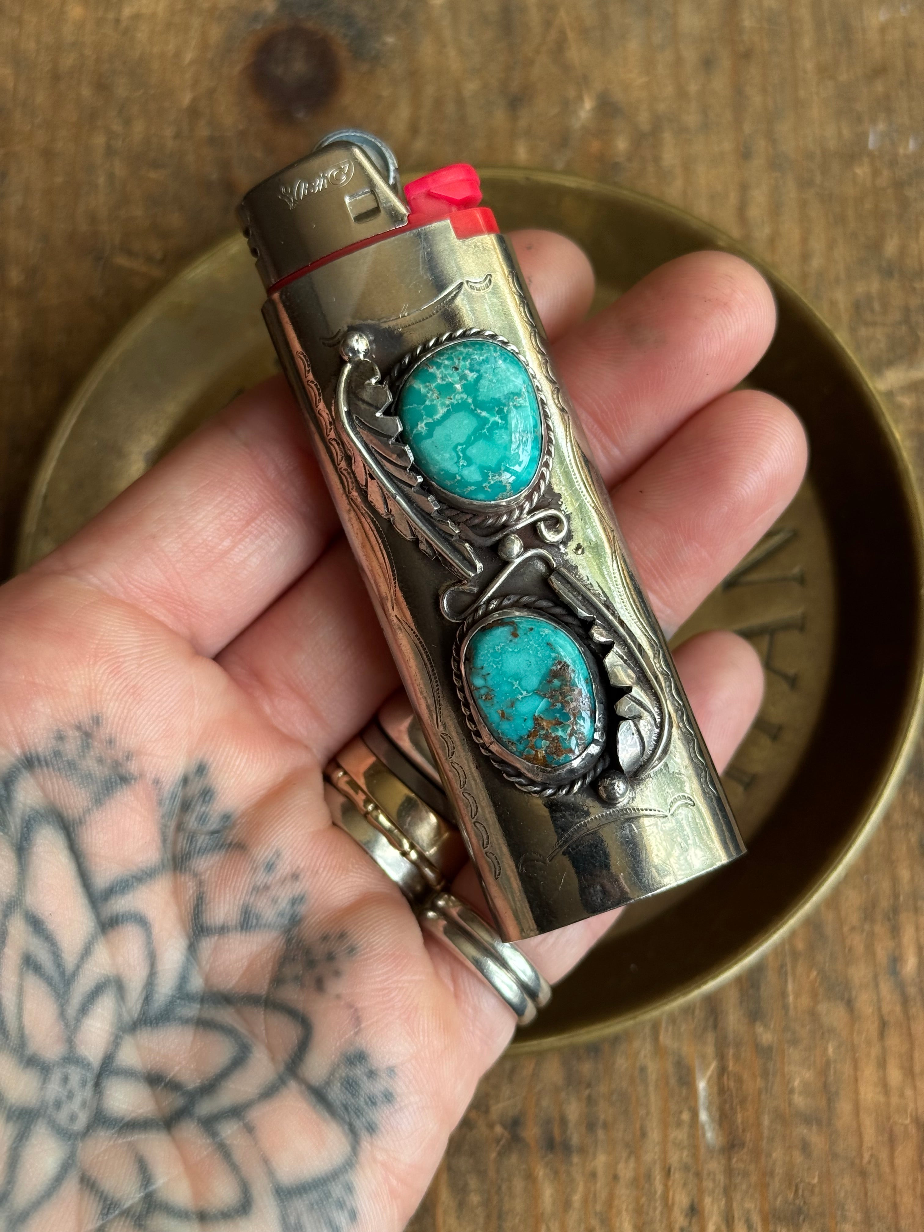 Vintage Stamped Nickel & Sterling Silver Turquoise Lighter Case