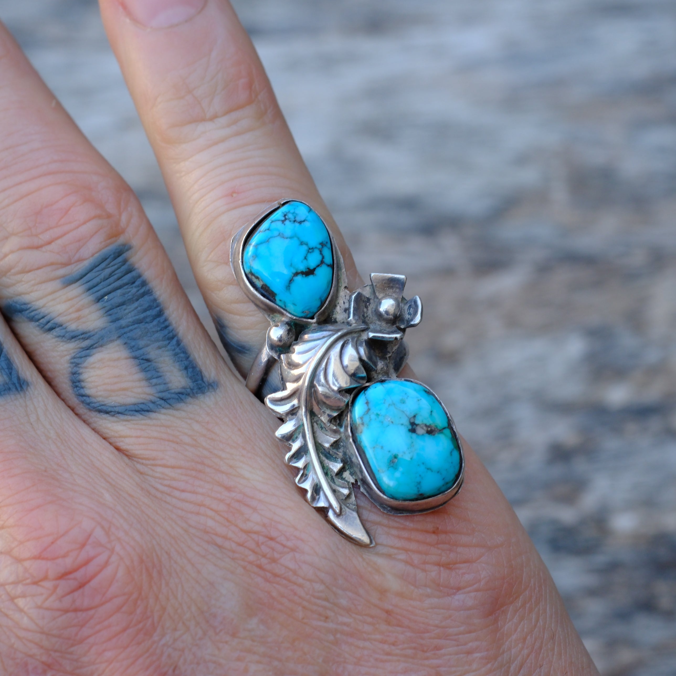 Vintage Sterling 2-Stone Turquoise Feather Ring 6.25