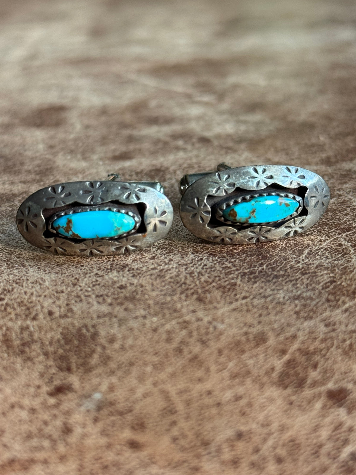 Vintage Sterling Silver Stamped Turquoise Shadowbox Cufflinks