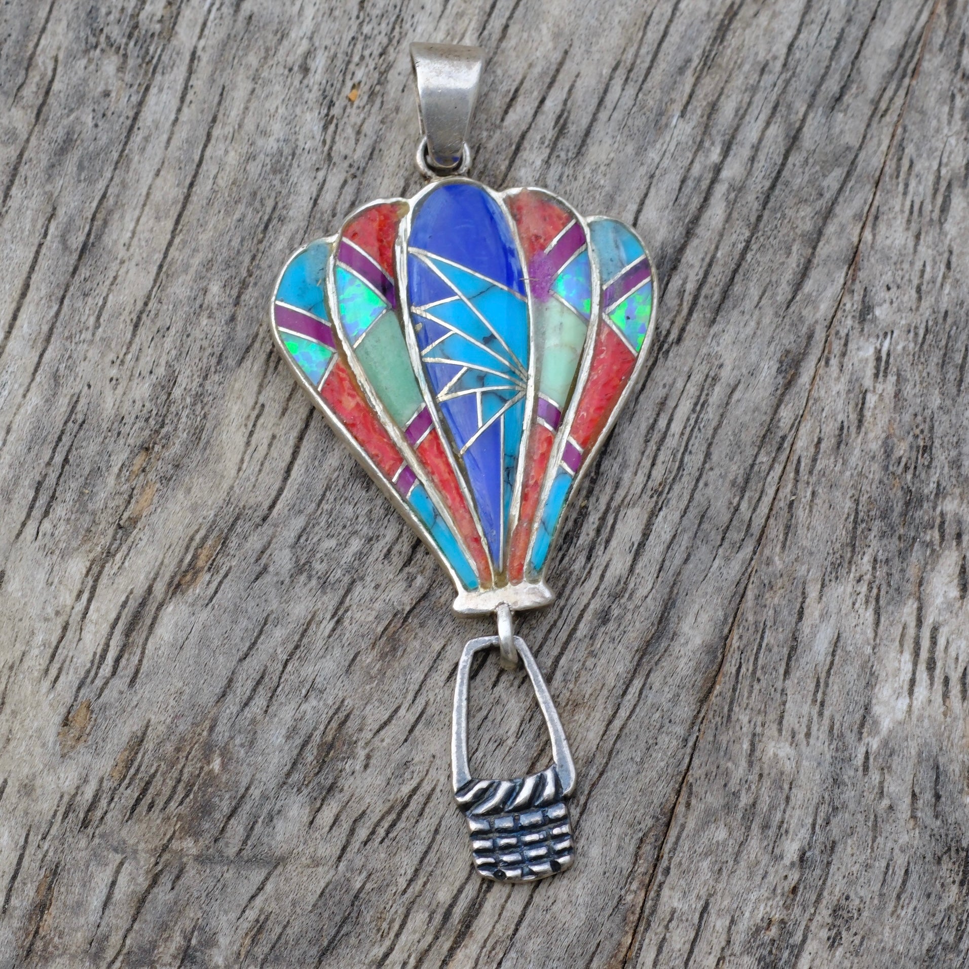 Vintage Sterling Multistone Inlay Hot Air Balloon Pendant