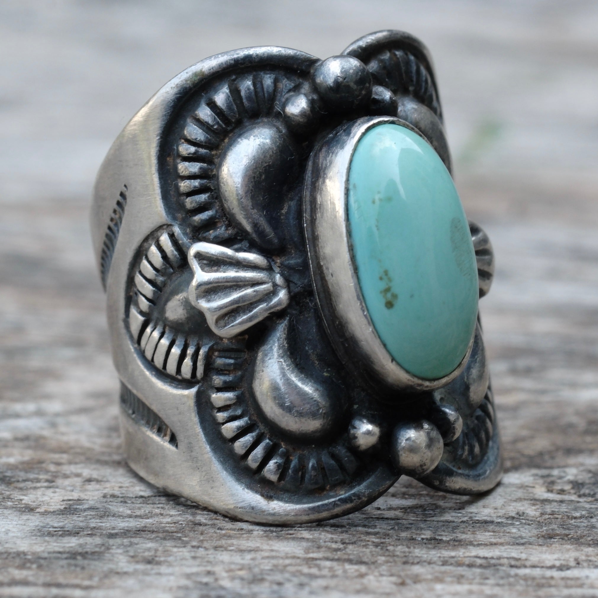 Vintage Sterling Turquoise Stamped Cigar Band Ring 7.25