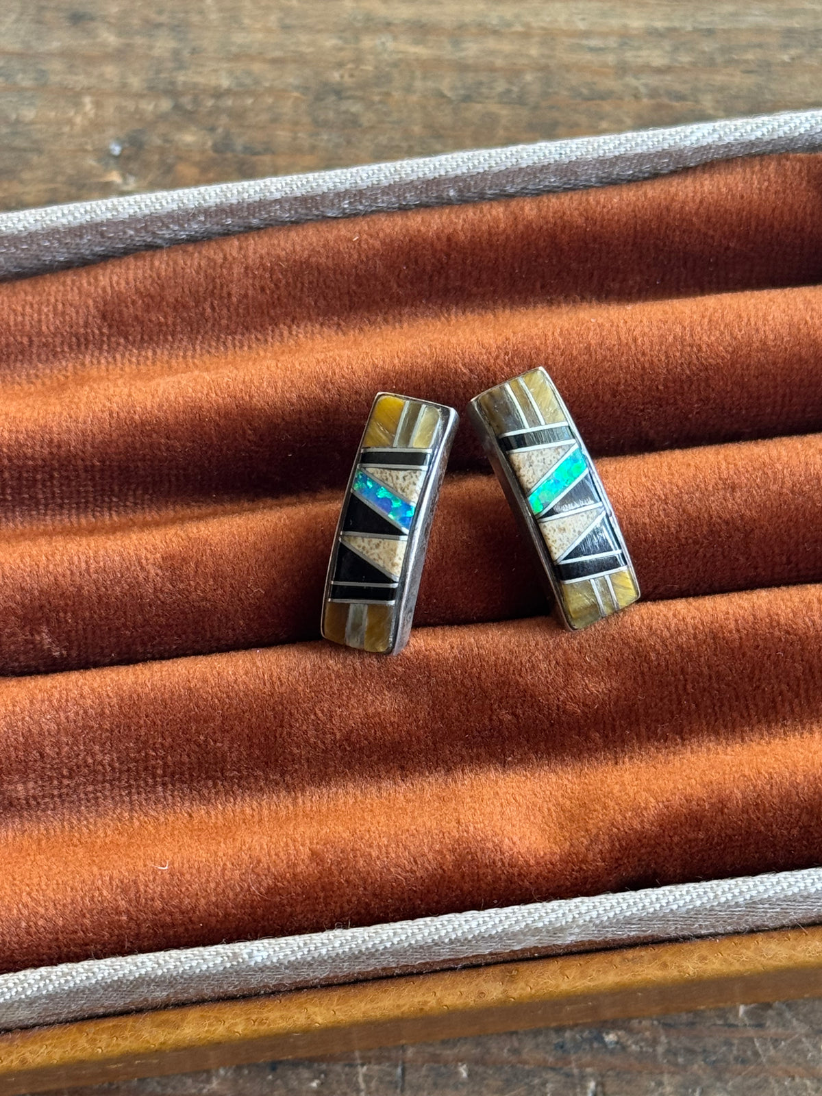 Vintage Sterling Silver Multistone Inlay Earrings