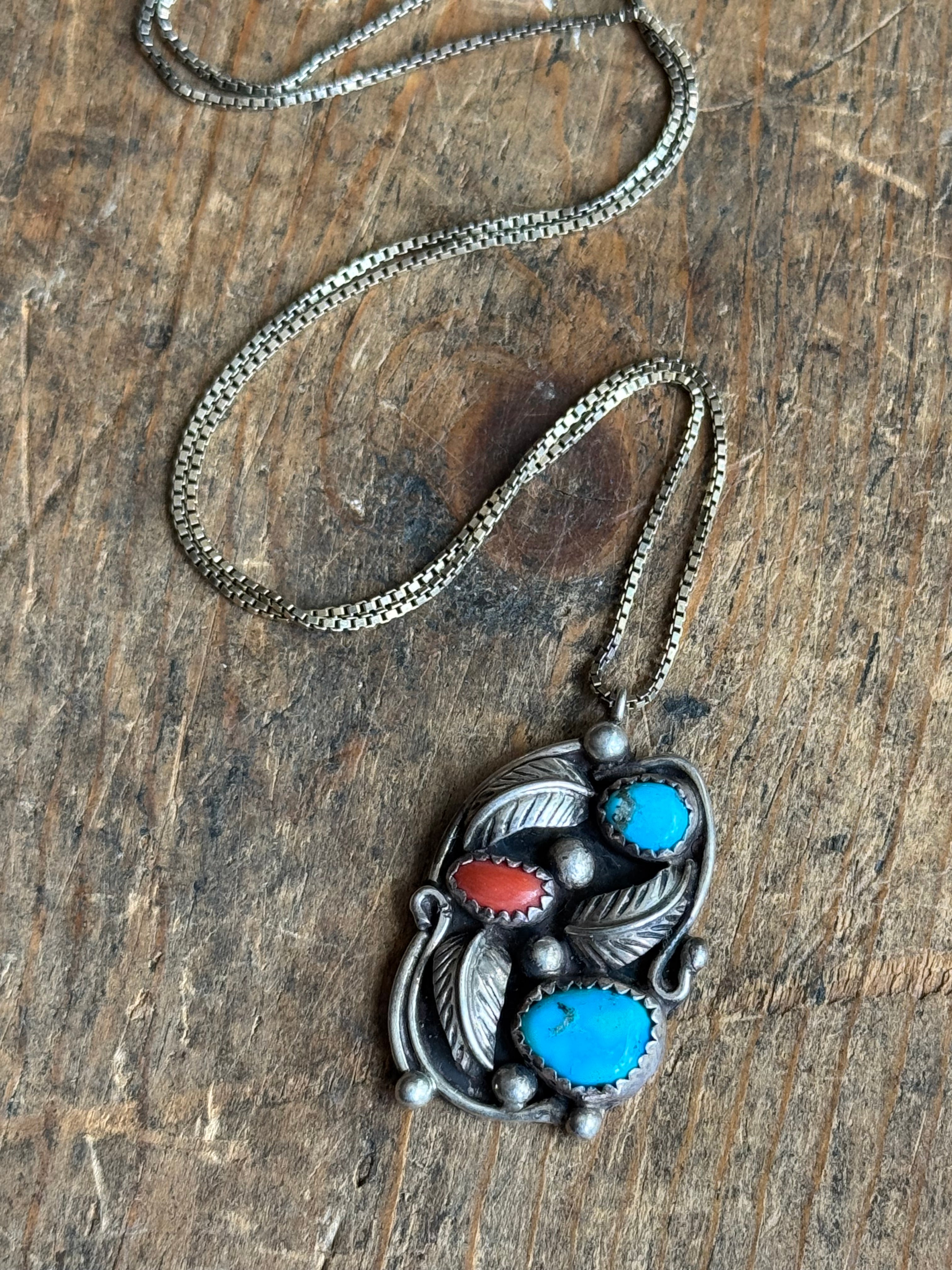 Vintage Sterling Silver Turquoise & Coral Feather Cluster Necklace