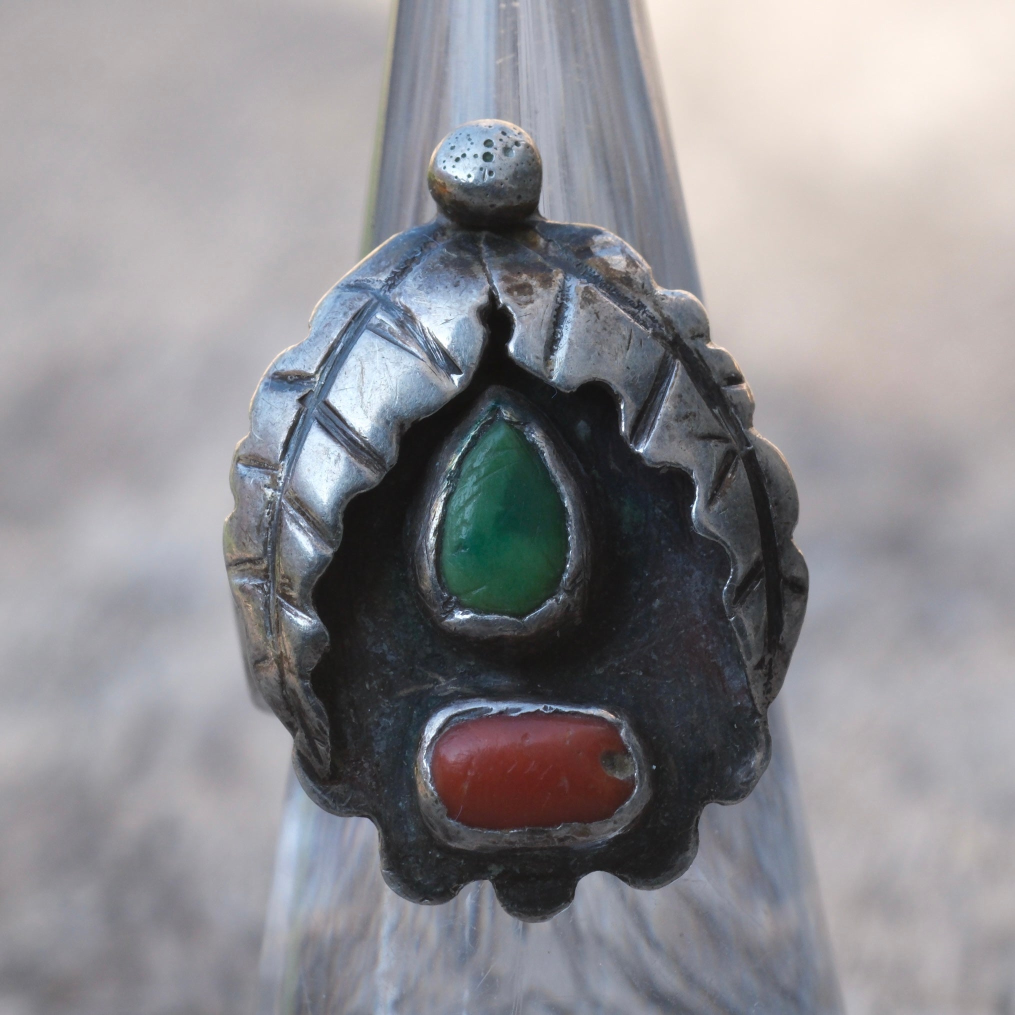 Vintage Sterling Turquoise and Coral Feather Ring 6.5