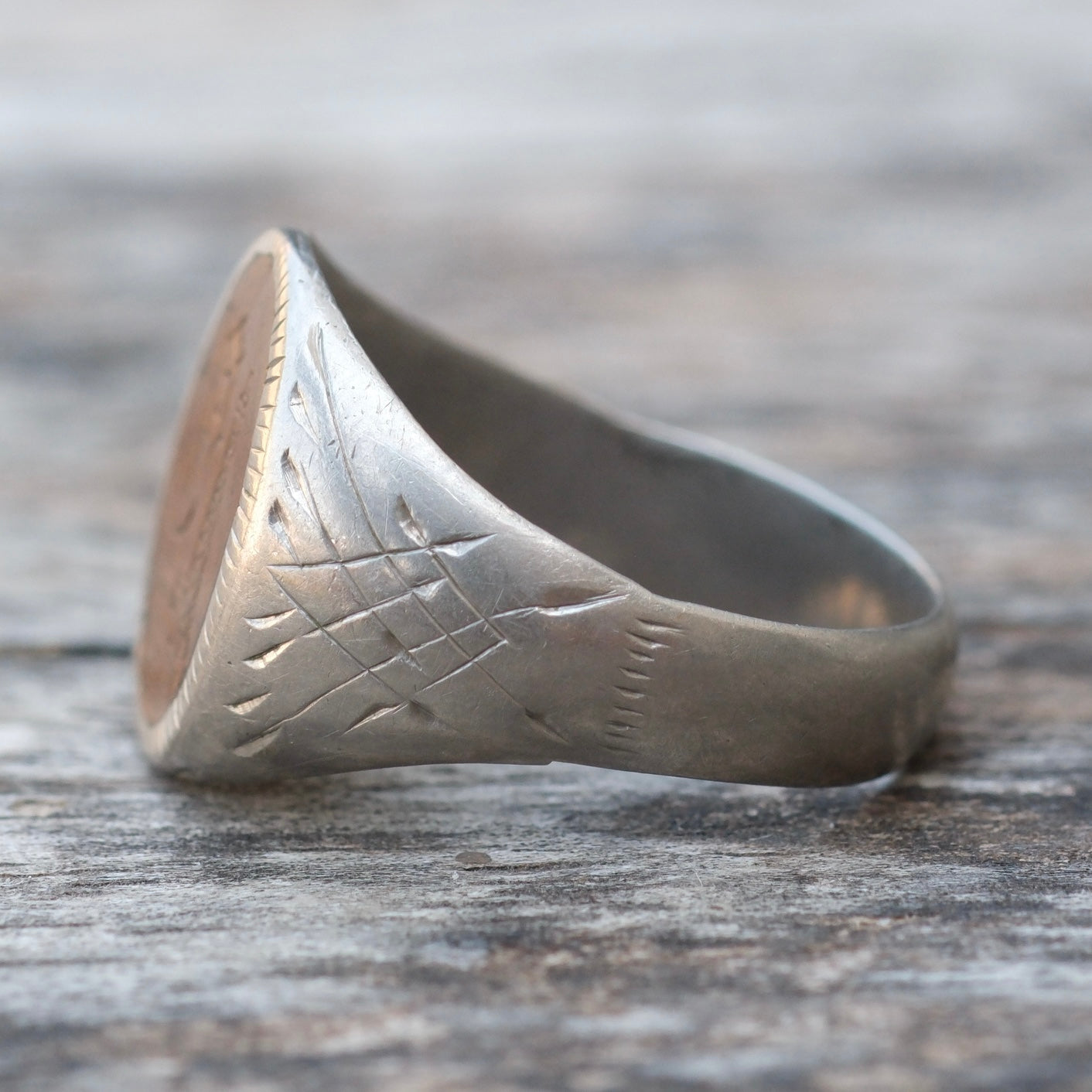 Vintage Sterling and Copper Engraved P Initial Signet Ring 8.75