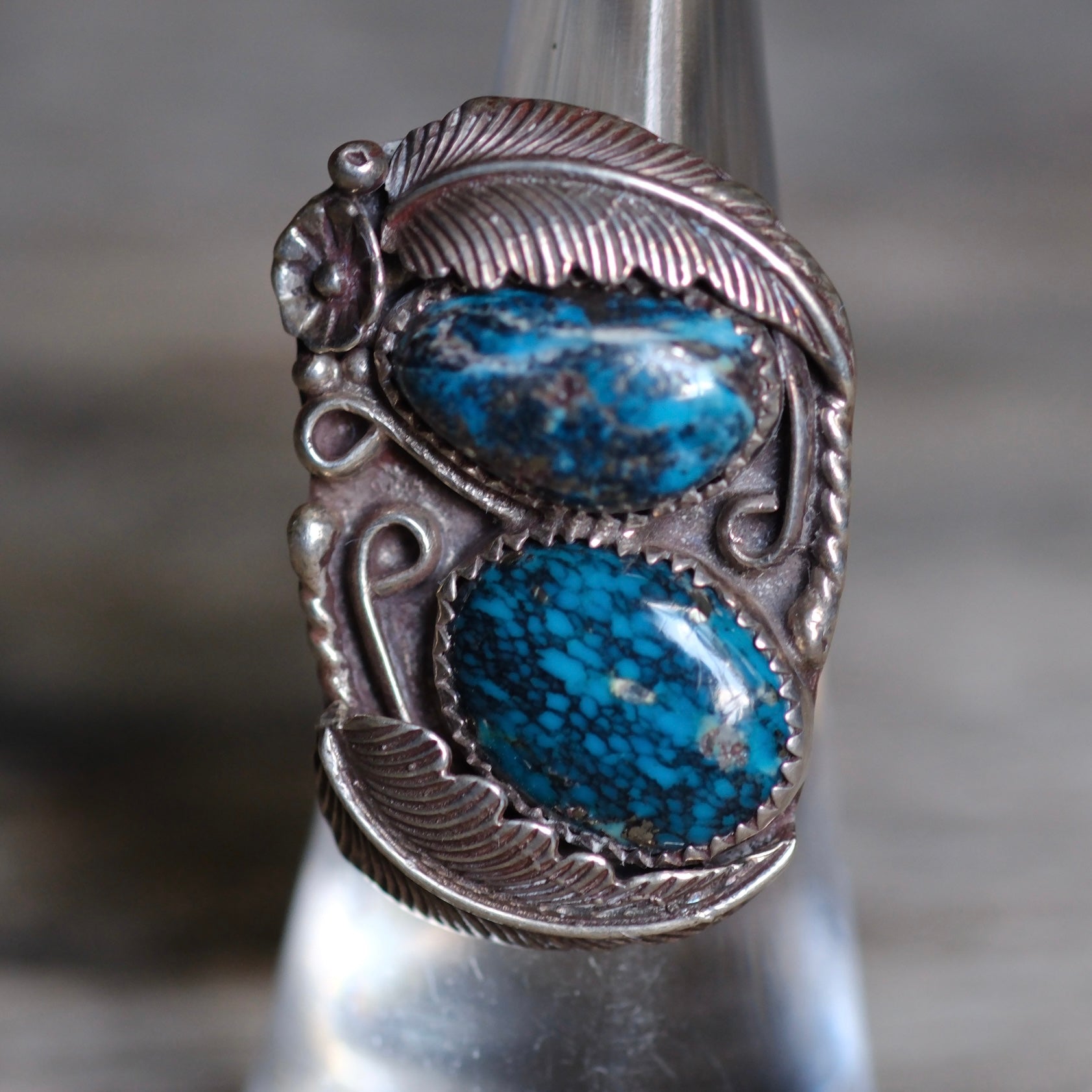Vintage Sterling 2-Stone Matrix Turquoise Feather Ring 5.25