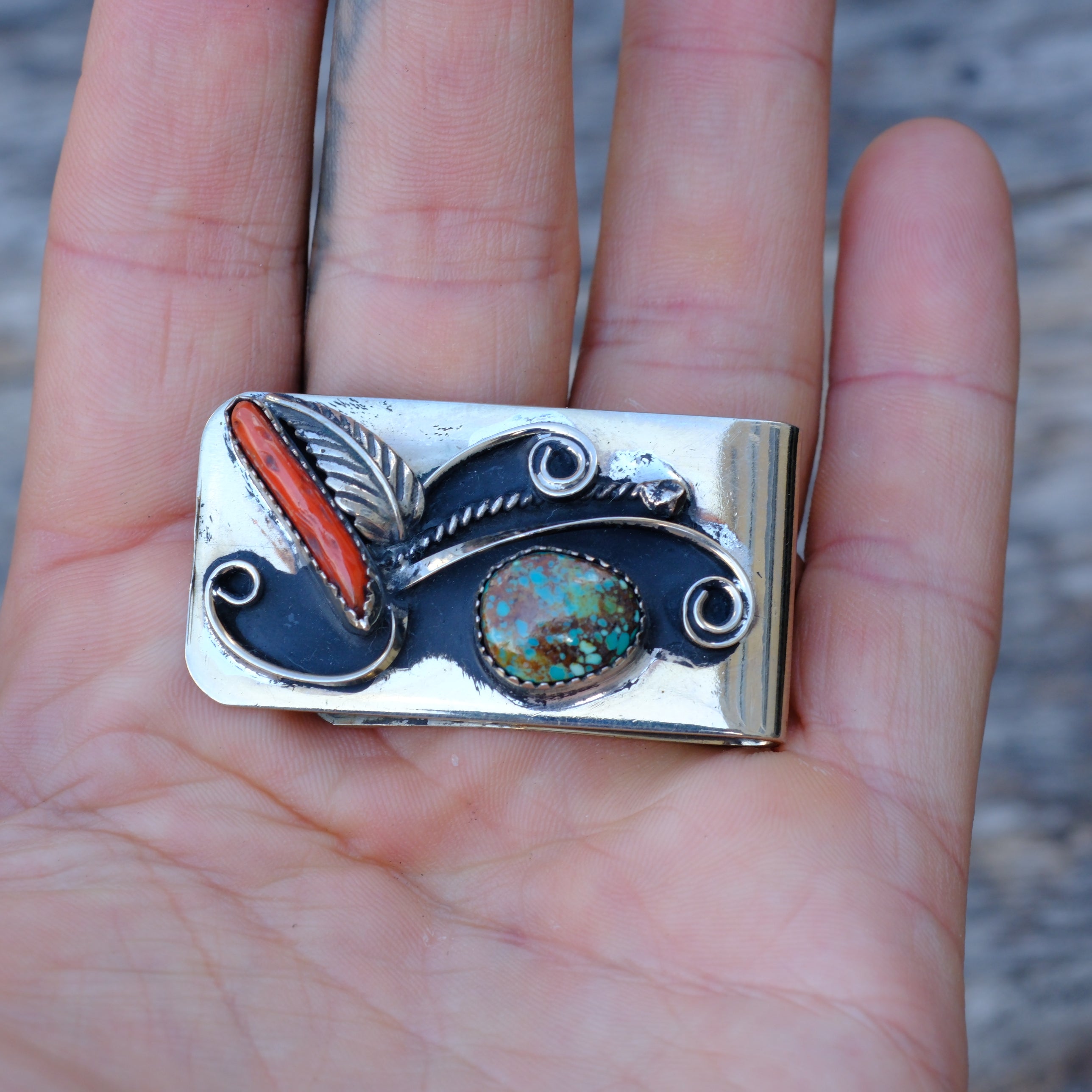 Vintage Turquoise and Coral Feather Money Clip